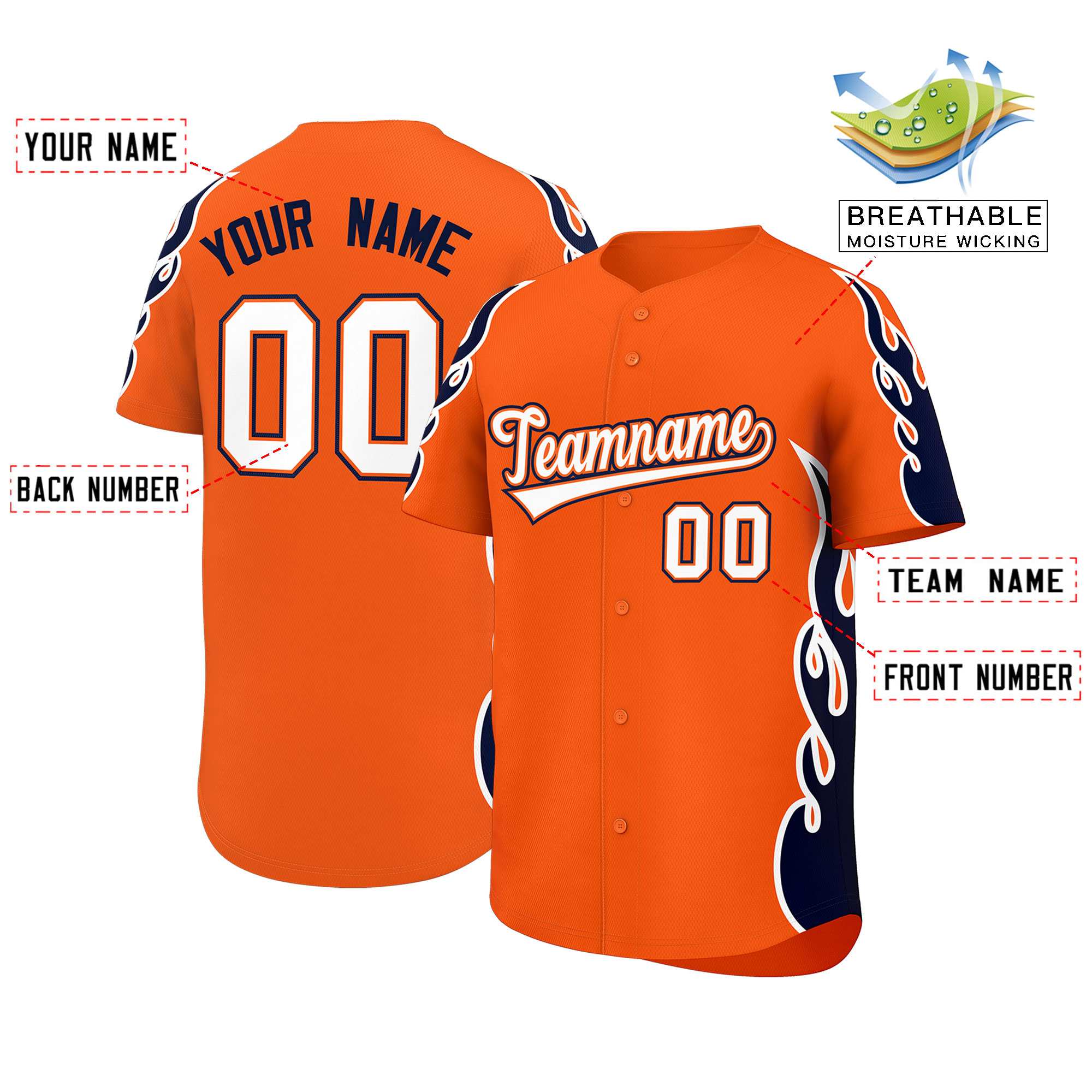 Benutzerdefiniertes Baseball-Trikot mit Seitenflammen-Umrissmuster für Sportuniformen