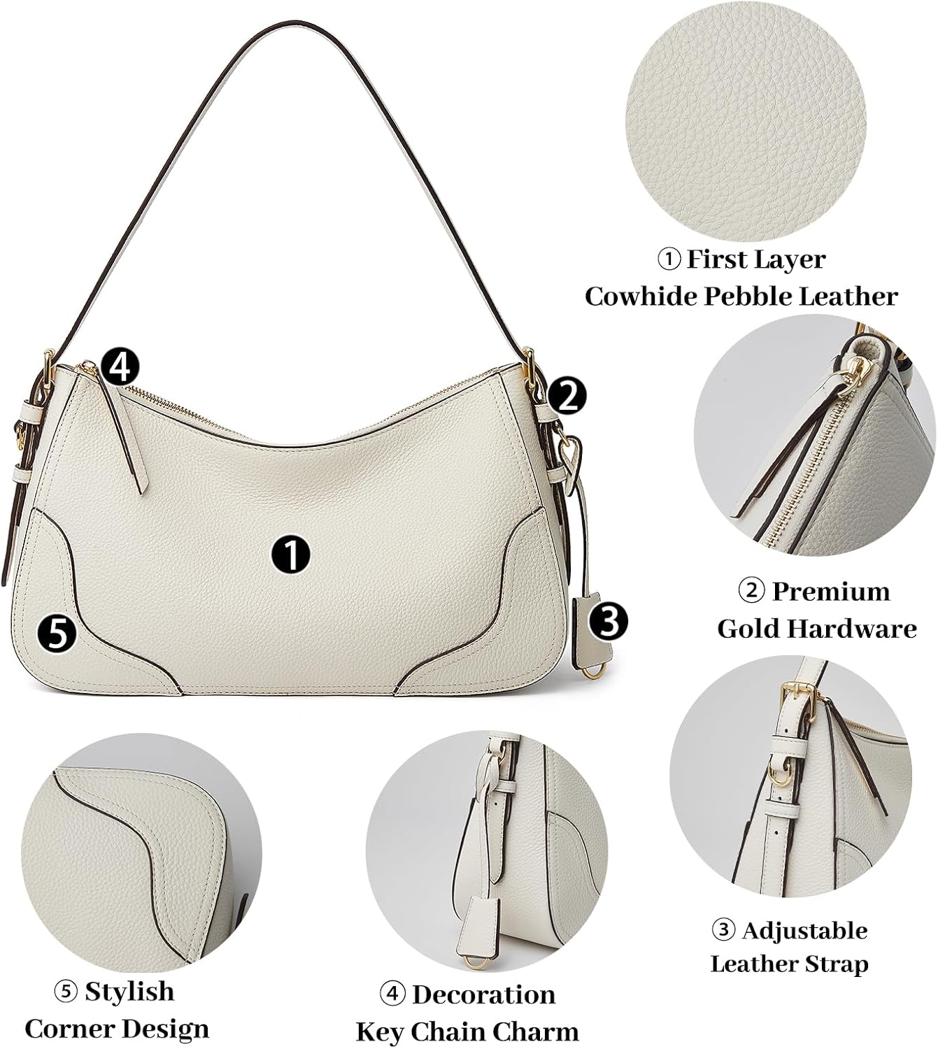 Women's Genuine Leather Pebbled Hobo Shoulder Bag Ivory Women's Genuine Leather Pebbled Hobo Shoulder Bag Ivory