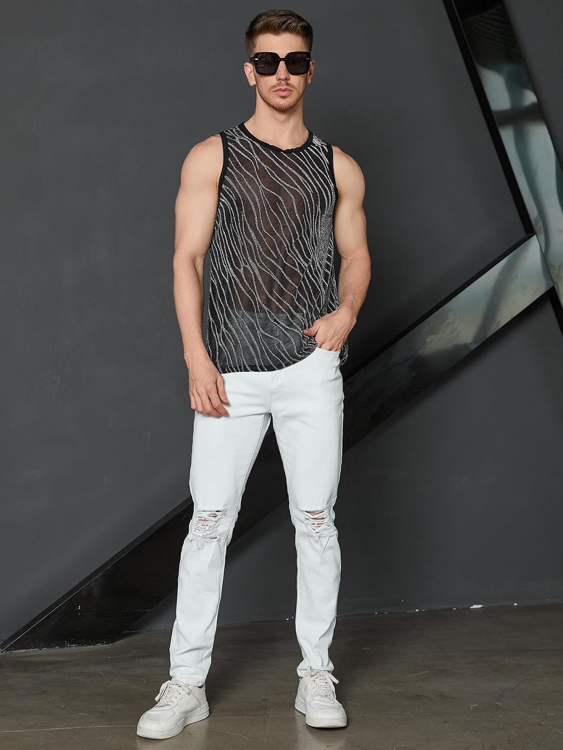 Men's Zebra Stripe Mesh Tank Top Black