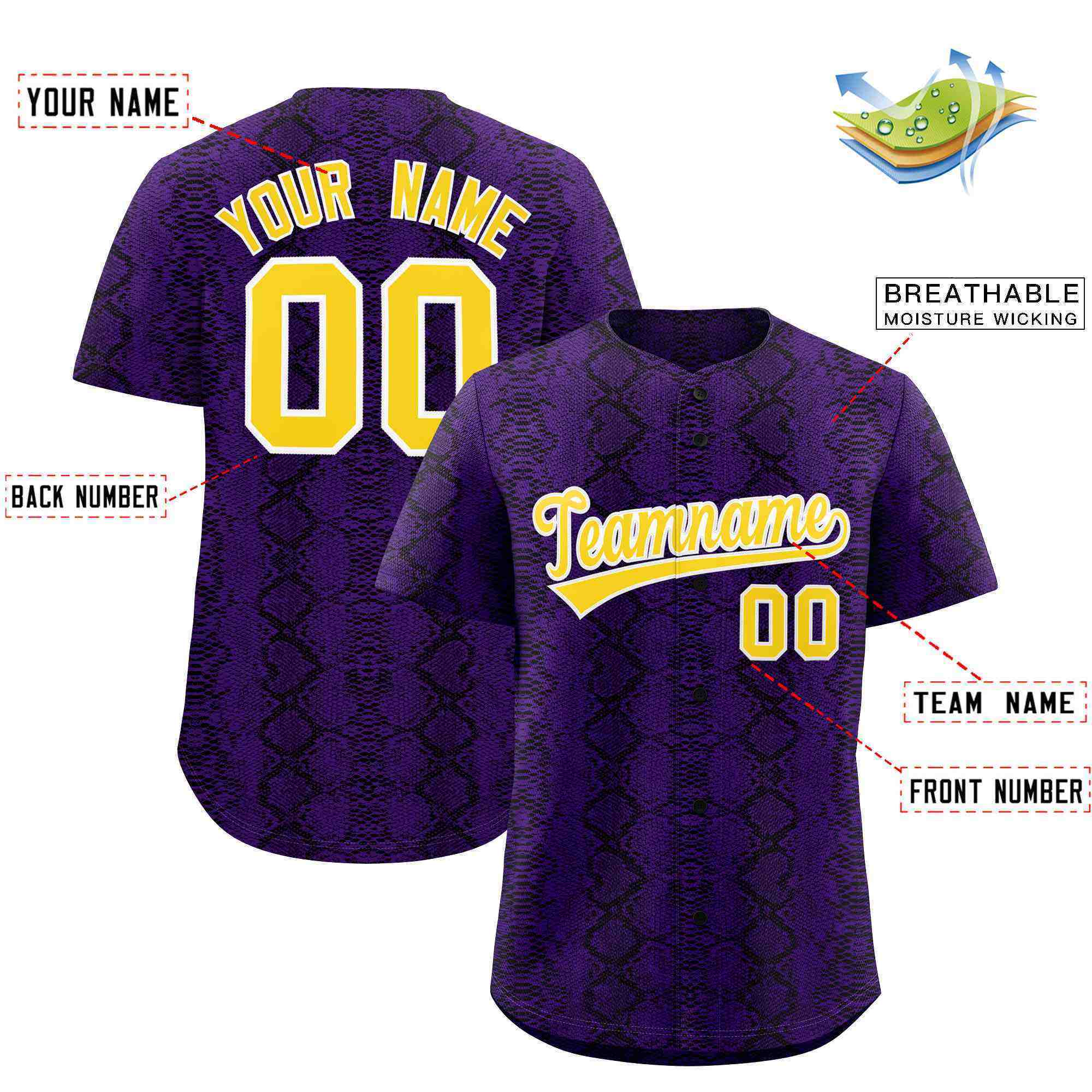 Benutzerdefiniertes authentisches Baseball-Trikot mit mehrfarbigem Schlangenledermuster
