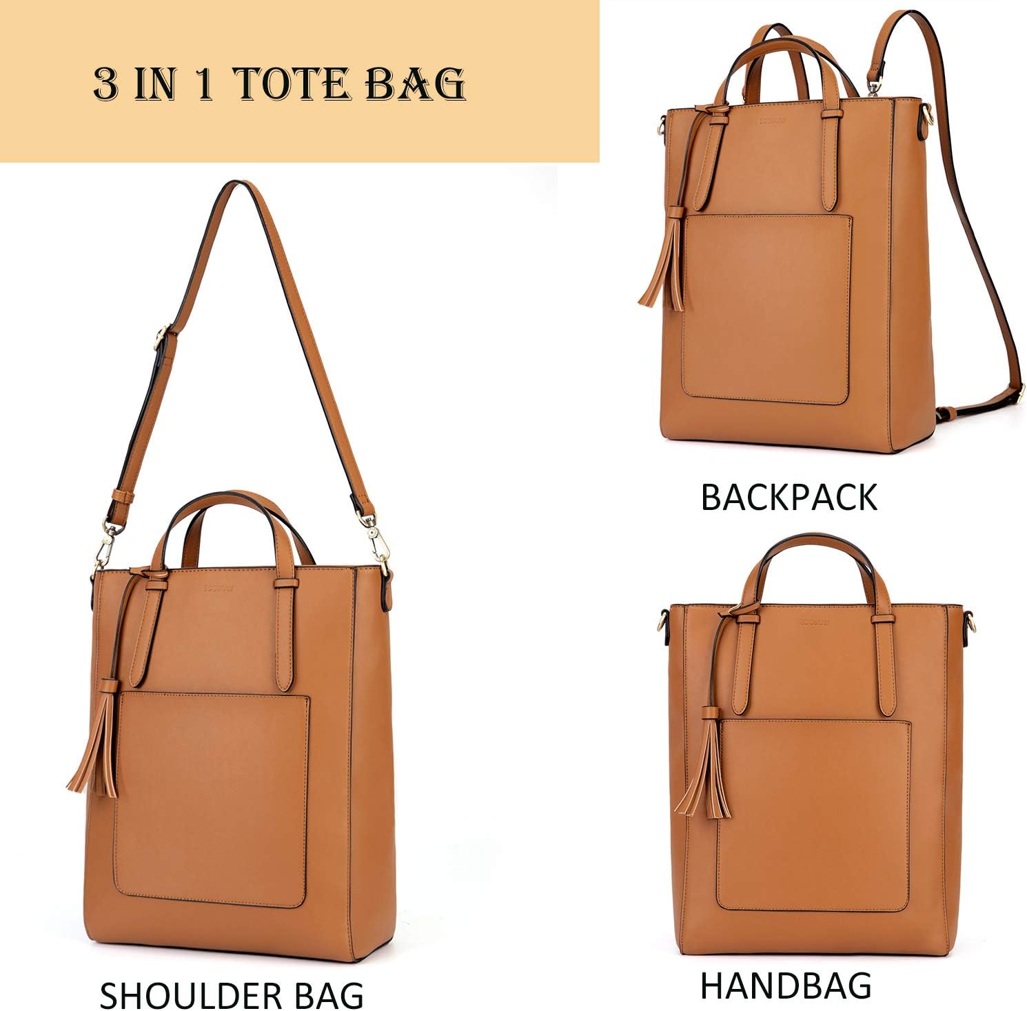 Women's Convertible Vegan Leather Tote Handbag, Brown