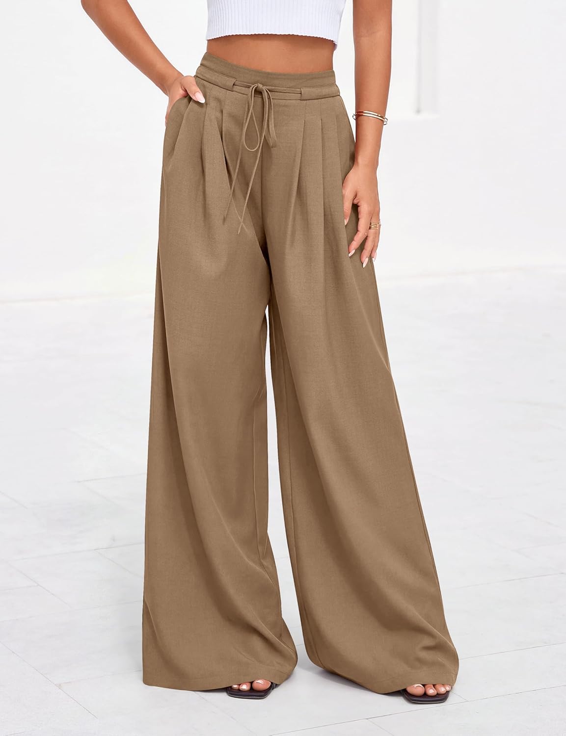 Womens Summer Wide Leg Dress Pants Business Casual Work High Waist Baggy Tie Trousers Pleated Palazzo Slacks Womens Summer Wide Leg Dress Pants Business Casual Work High Waist Baggy Tie Trousers Pleated Palazzo Slacks