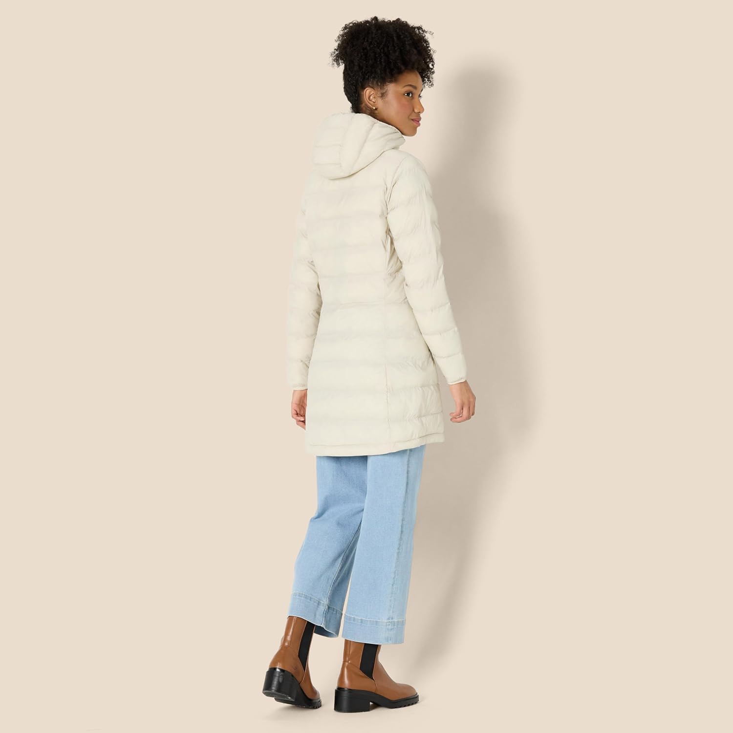 Women's Long Hooded Puffer Coat Lightweight Cream