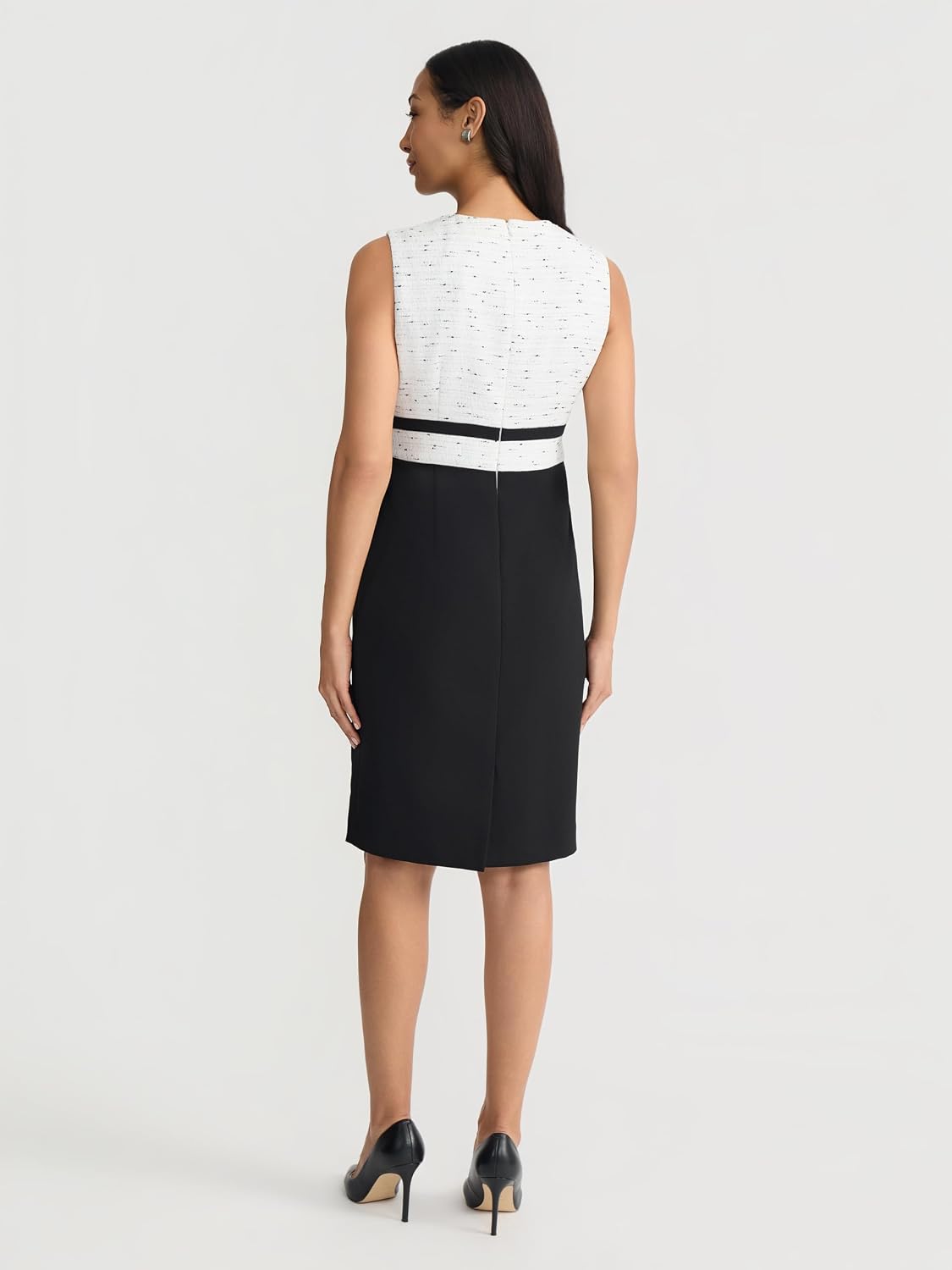 Women's Tweed Sheath Dress Sleeveless Black White Colorblock