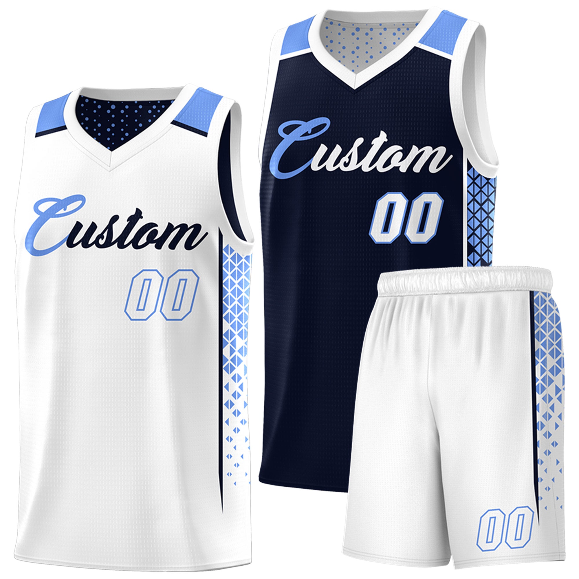 Maßgeschneidertes marineblaues weißes seitliches Farbverlaufsmuster doppelseitiges Sportuniform-Basketballtrikot