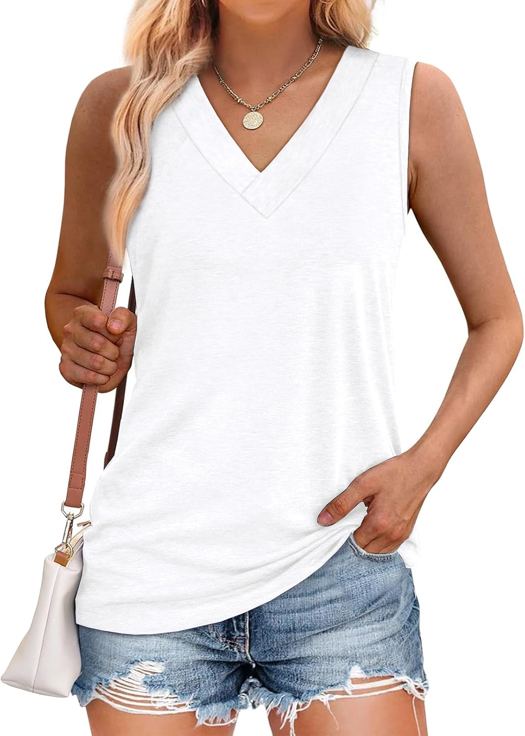 Women's White V Neck Tank Top, Loose Fit
