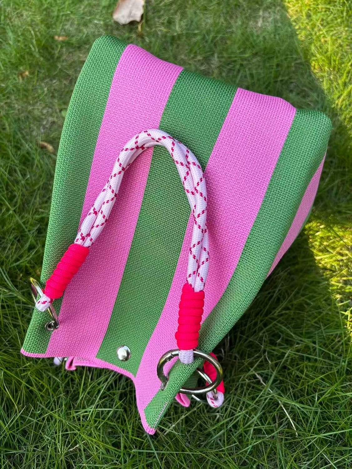 Women's Striped Canvas Bucket Tote Bag Pink Green Women's Striped Canvas Bucket Tote Bag Pink Green