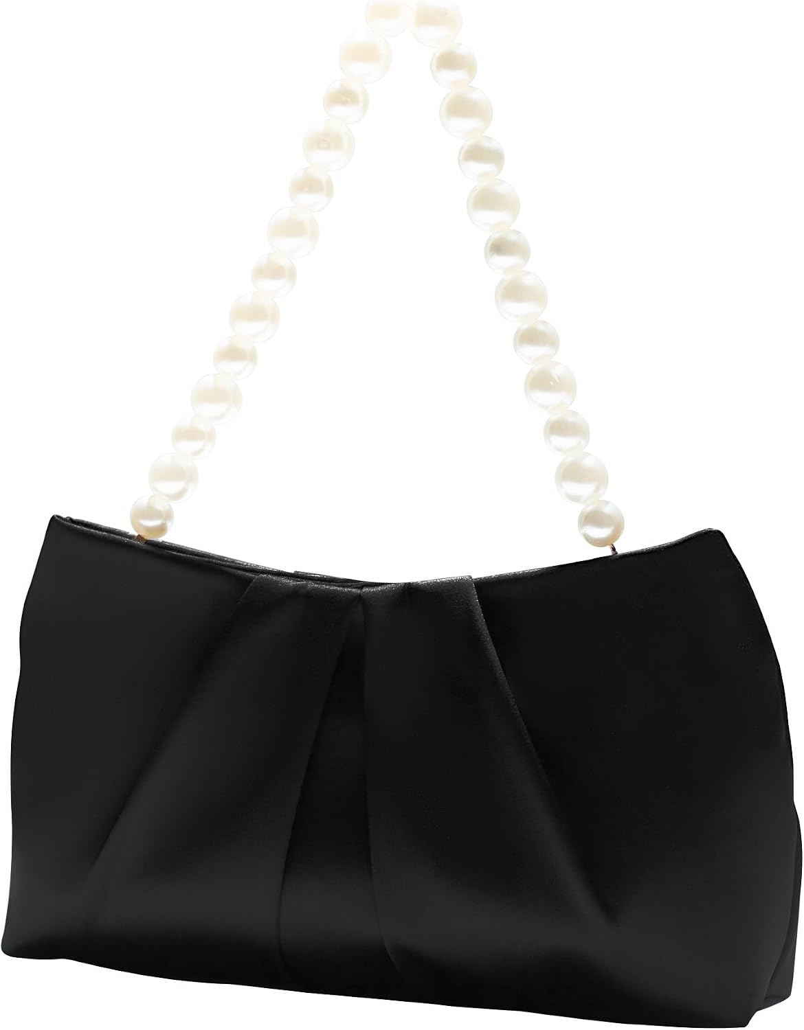 Women's Black Satin Pleated Clutch with Pearl Chain Handle