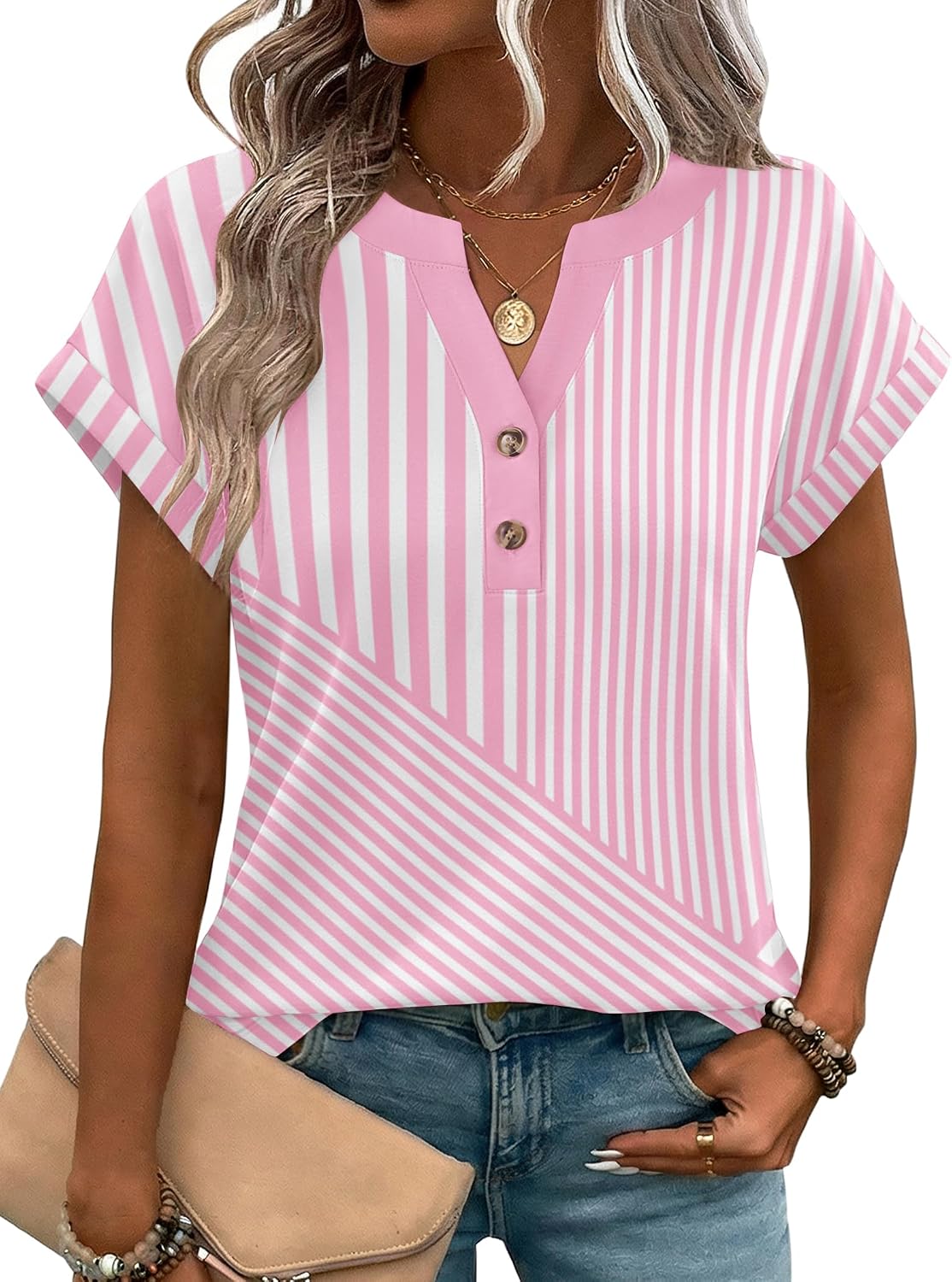 Women Tops Summer Short Sleeve T Shirts V Neck Dressy Work Blouses Boho Clothes S-3XL