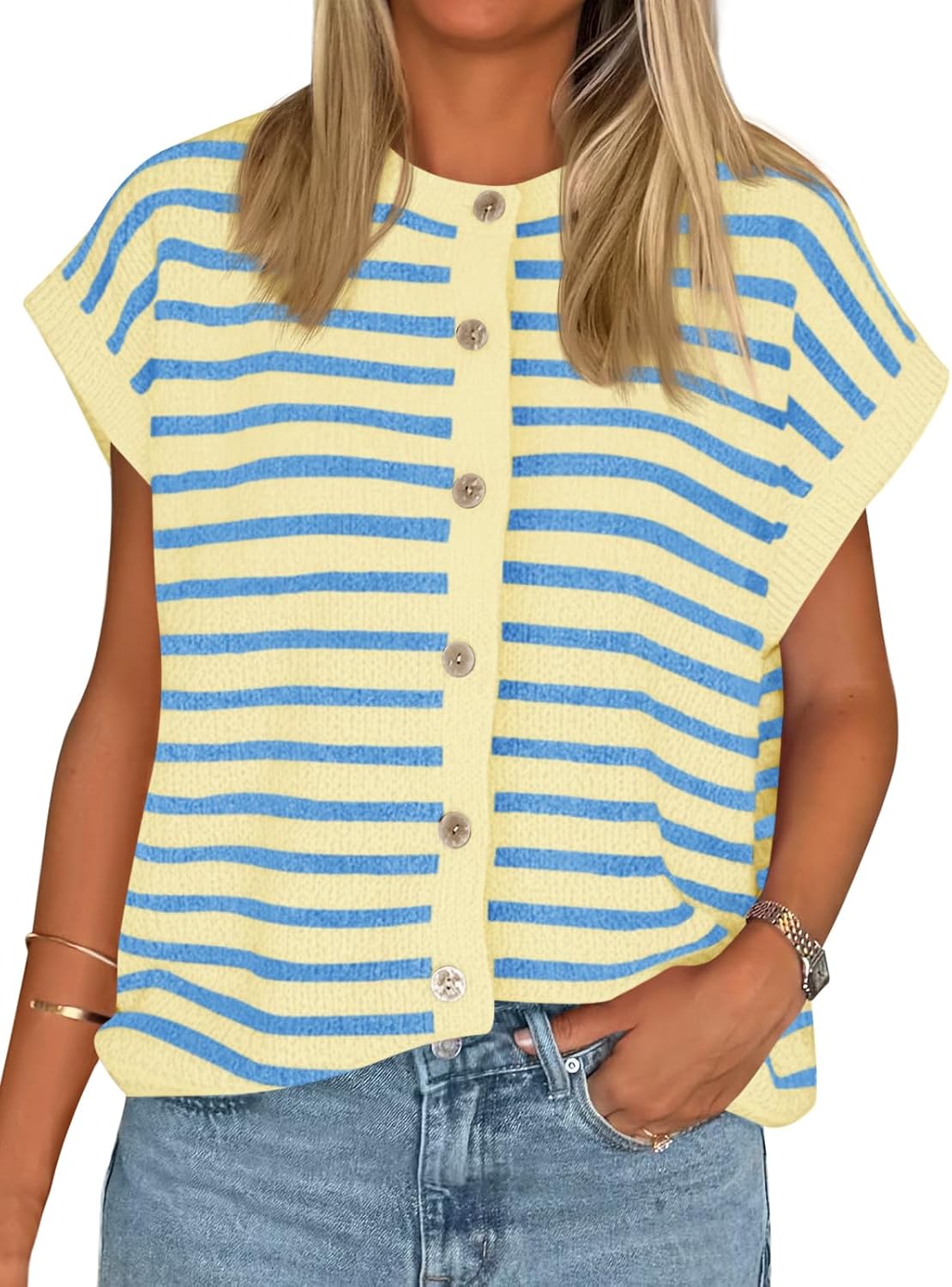 Women's Striped Cap Sleeve Button Down Cardigan