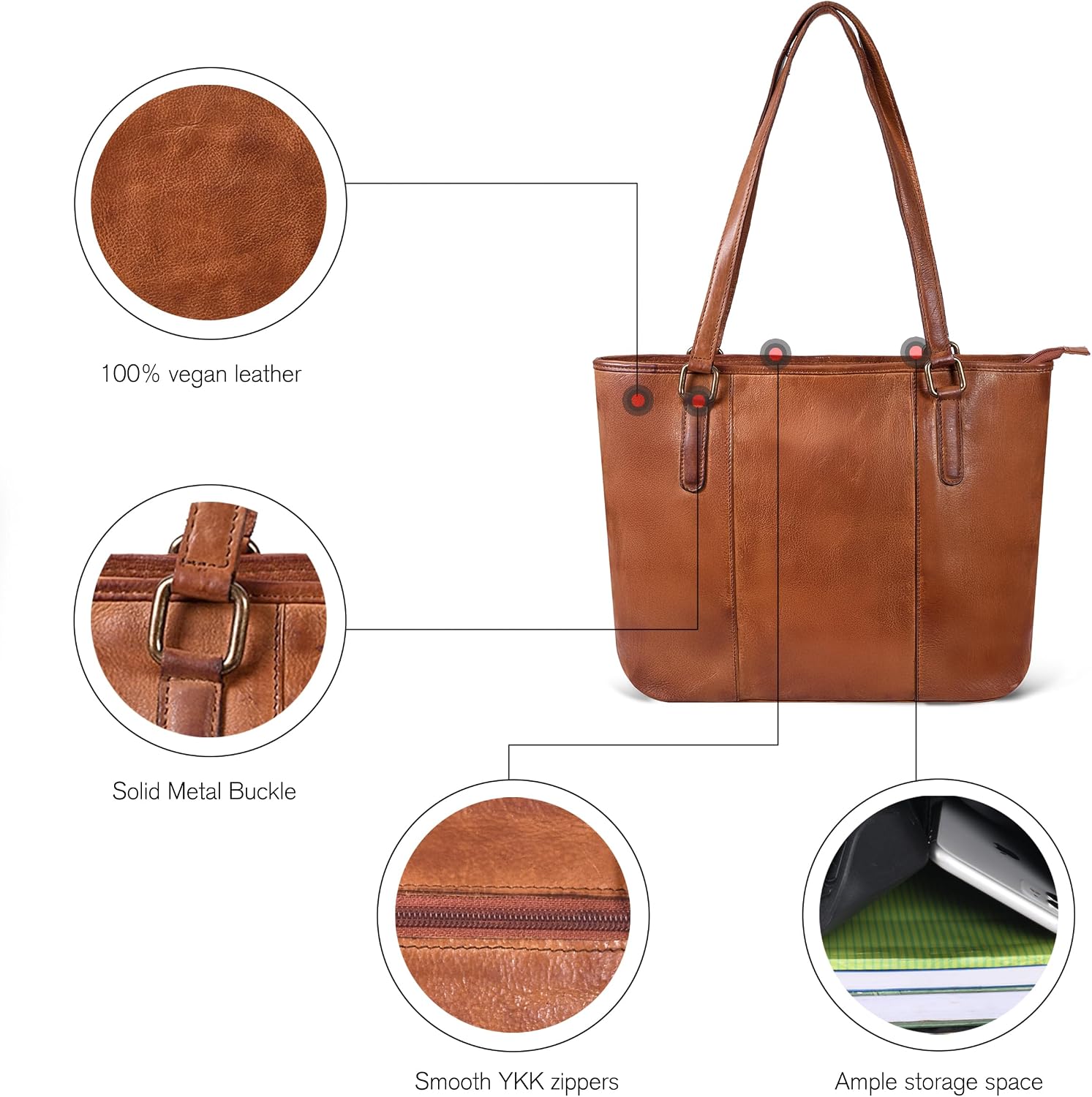 Women's Vegan Leather Tote Bag Brown Zipper
