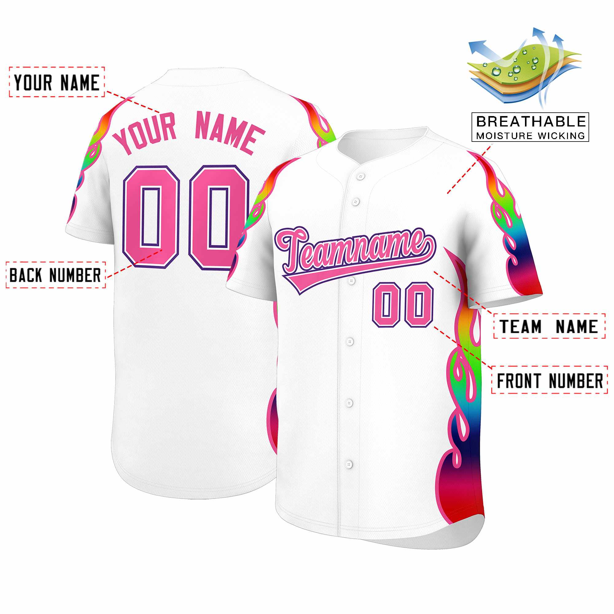 Benutzerdefiniertes Graffiti-Muster, personalisierter mehrfarbiger Flammendruck, authentisches Baseball-Trikot