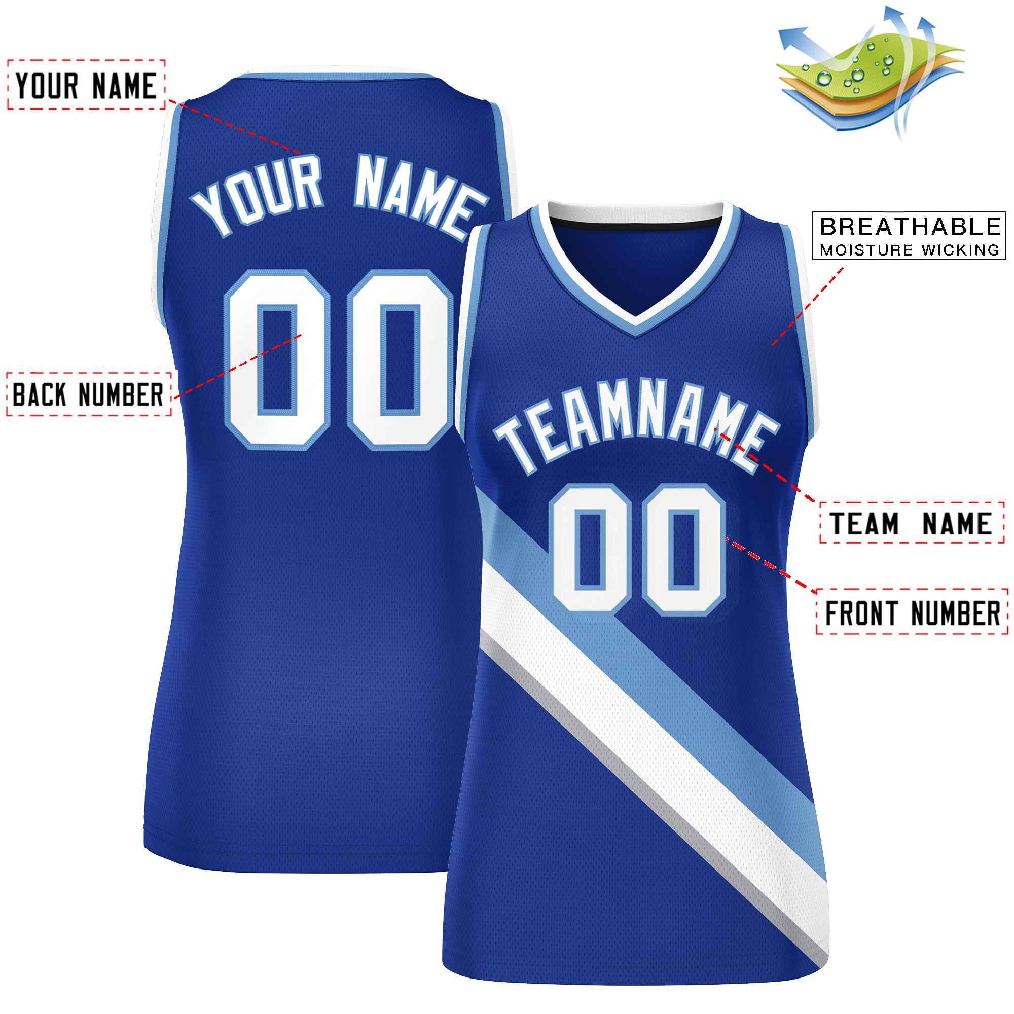 Benutzerdefiniertes königliches weiß-hellblaues dickes Slash Fashion Tops Mesh-Basketballtrikot für Frauen