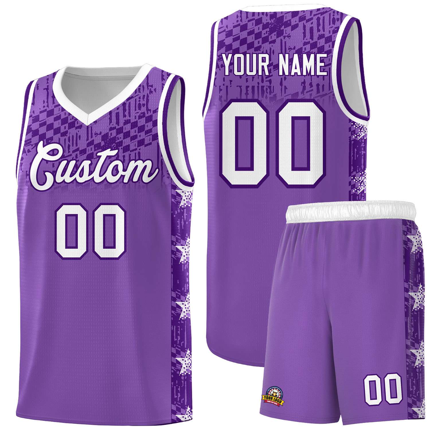 Benutzerdefiniertes hellviolettes Mosaik-Sternmuster-Sportuniform-Basketballtrikot