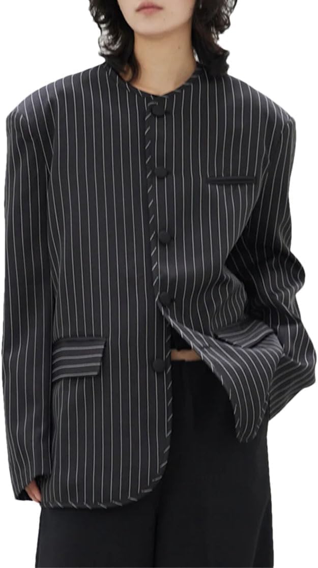 Solid Color Casual Round Neck Single Breasted Striped Business Women's Blazer