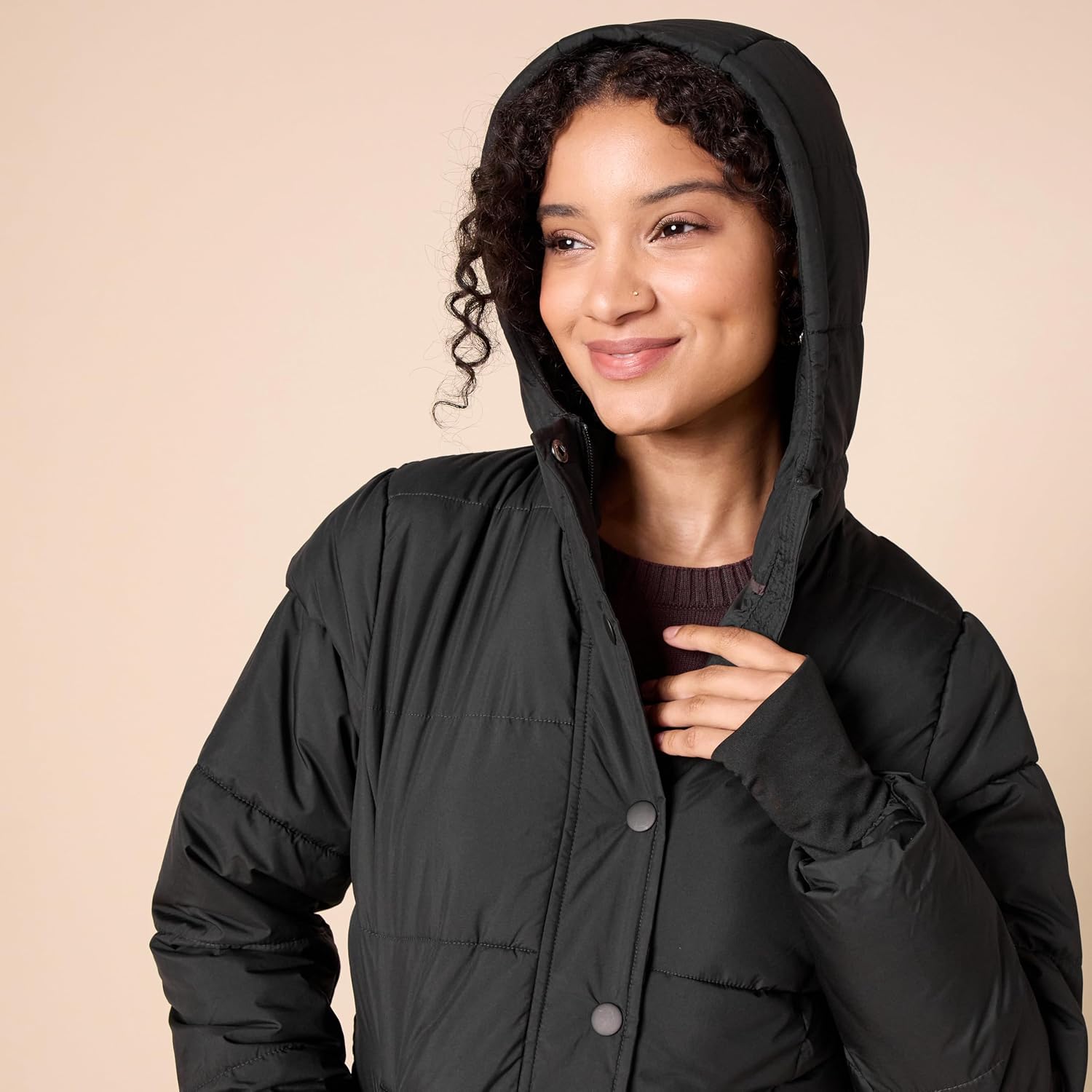 Women's Heavyweight Quilted Hooded Puffer Coat Snap Front Black