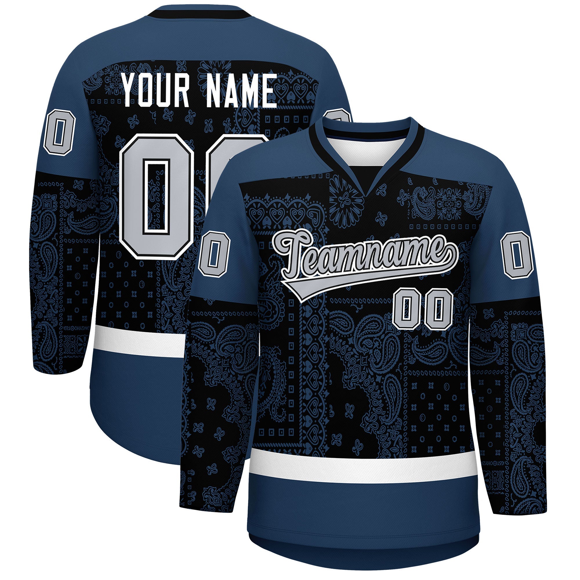 Custom Midnight Blue White Black Cashew Flower Graffiti Pattern V-Neck Hockey Jersey