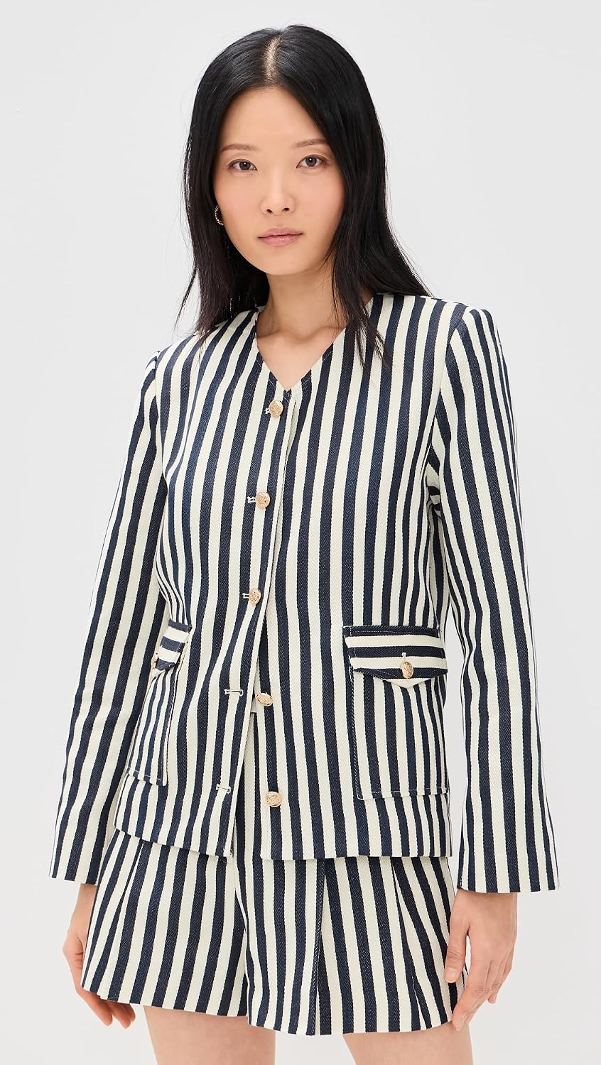 Women's Striped Gold Button Collarless Jacket Navy