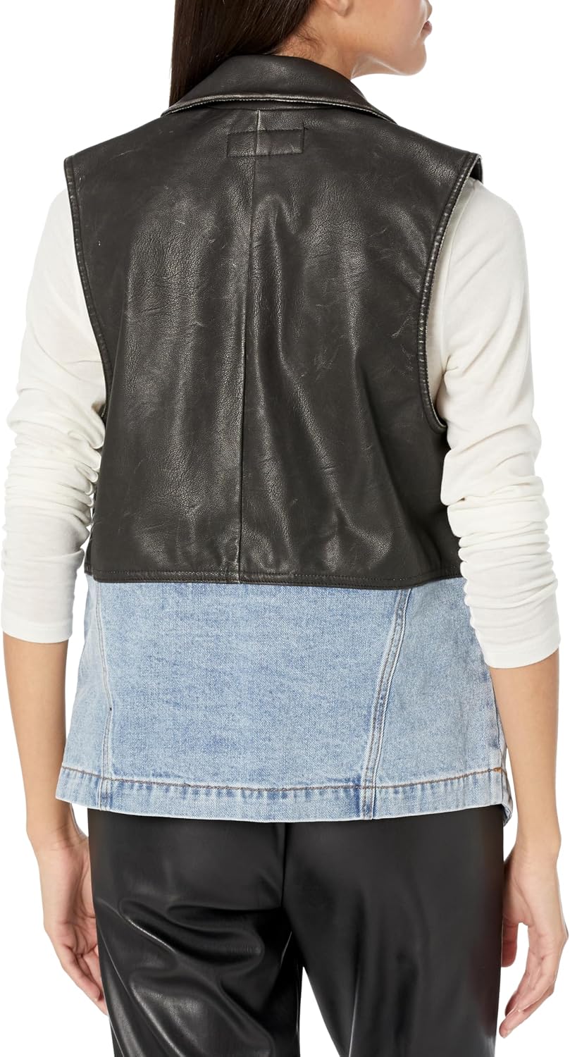Women's Two Tone Vest Vegan Leather Denim Button Front