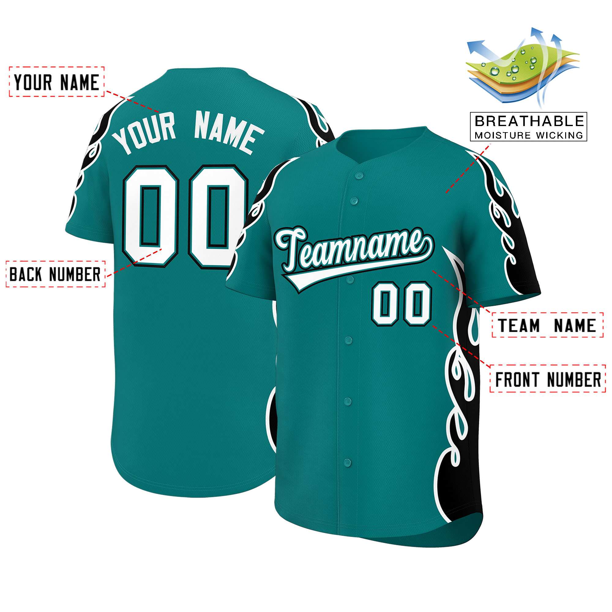 Benutzerdefiniertes Baseball-Trikot mit Seitenflammen-Umrissmuster für Sportuniformen