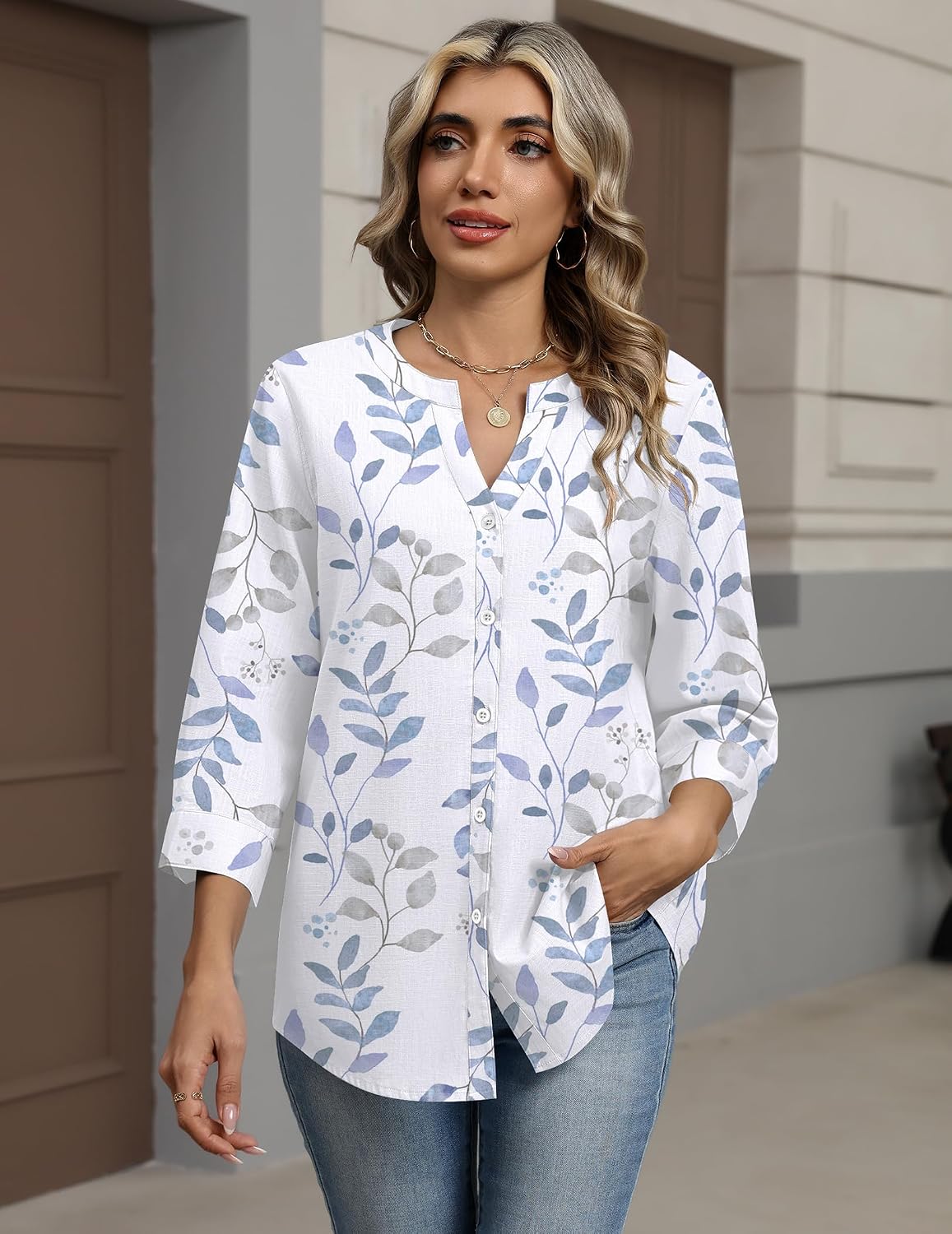 Women's Leaf Print Shirt 3/4 Sleeve V Neck Blue Women's Leaf Print Shirt 3/4 Sleeve V Neck Blue
