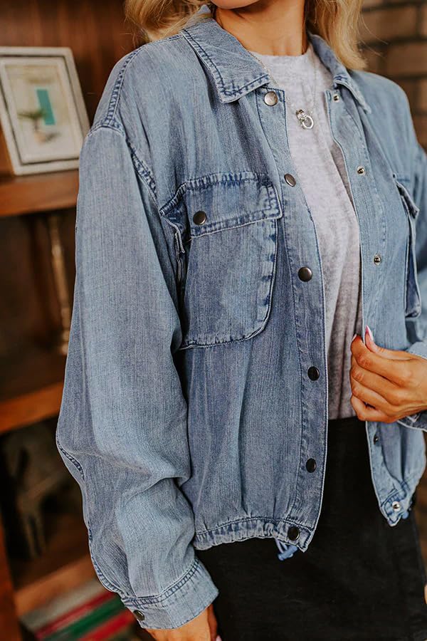 Women's Military Safari Cropped Denim Jackets Button Down Lightweight Oversized Utility Coat with Bellows Pocket