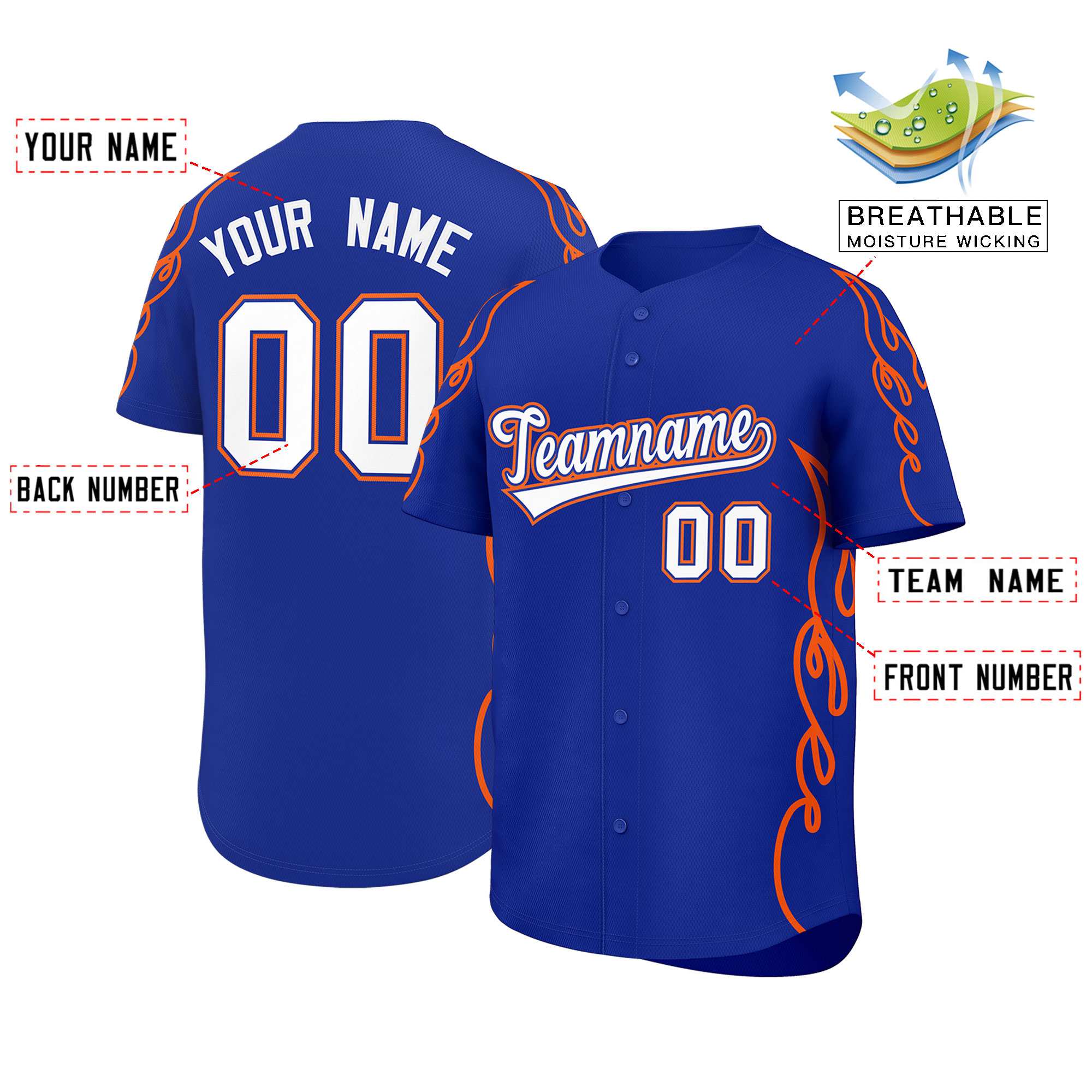 Benutzerdefiniertes Baseball-Trikot mit Seitenflammen-Umrissmuster für Sportuniformen
