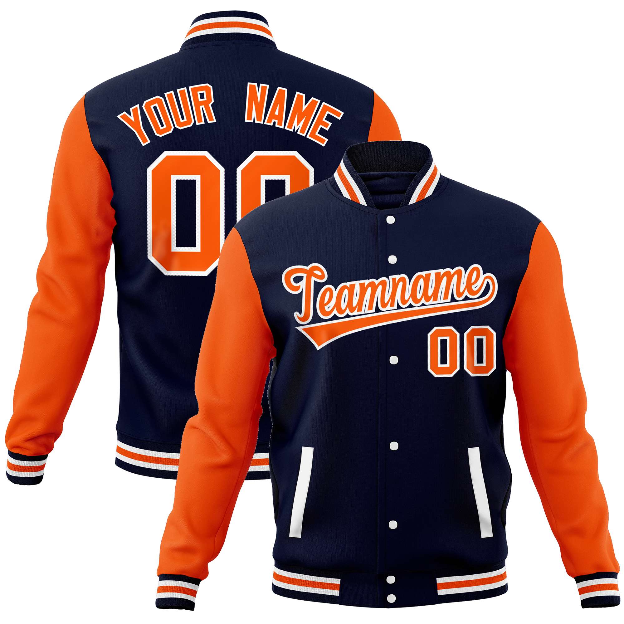 Individuelle Letterman-Baseballjacke mit durchgehenden Druckknöpfen und Raglanärmeln Individuelle Letterman-Baseballjacke mit durchgehenden Druckknöpfen und Raglanärmeln