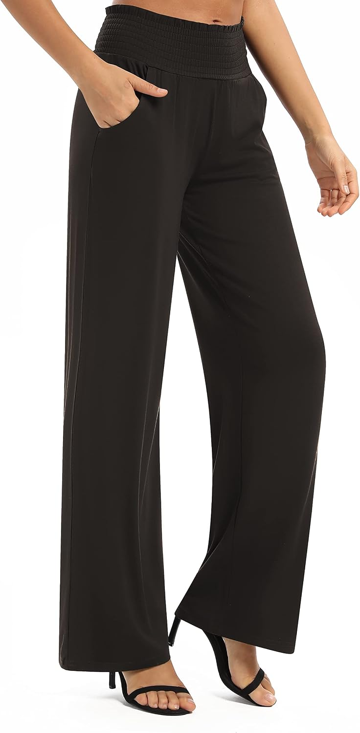 Womens High Waist Flowy Palazzo Pants Elastic Wide Leg Stretchy Straight Lounge Trousers