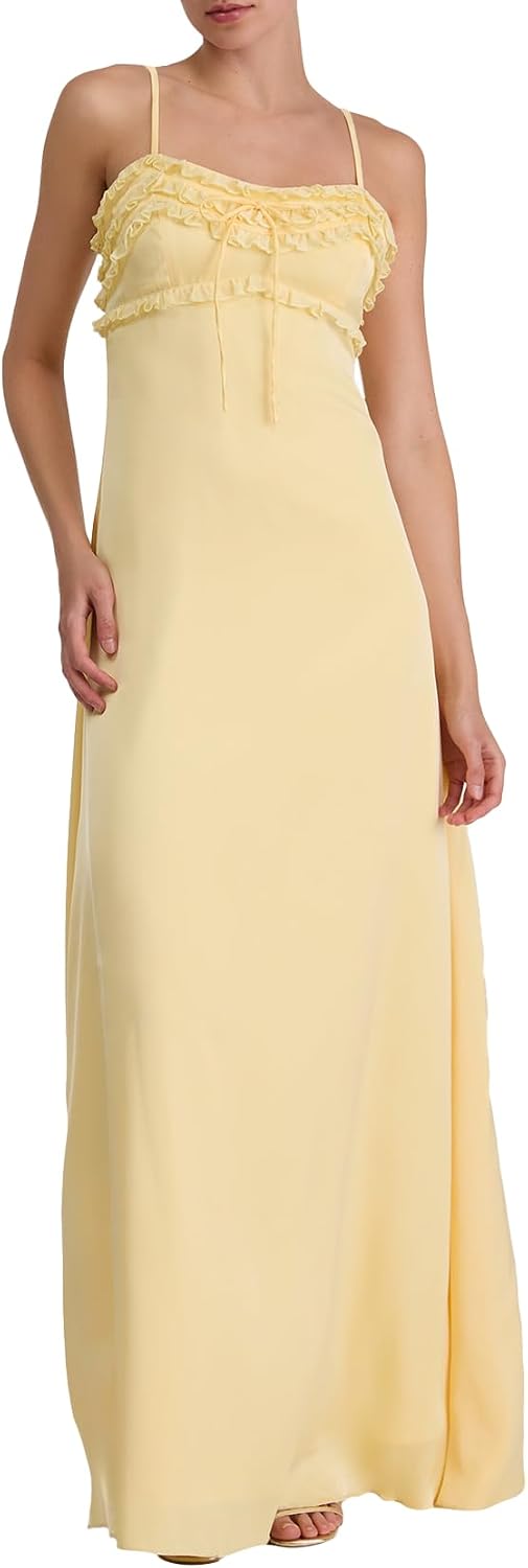 Wisteria Micro Ruffle Maxi Dress Chiffon Adjustable Straps Lace-Up Back Babydoll Column Silhouette Elegant Gown