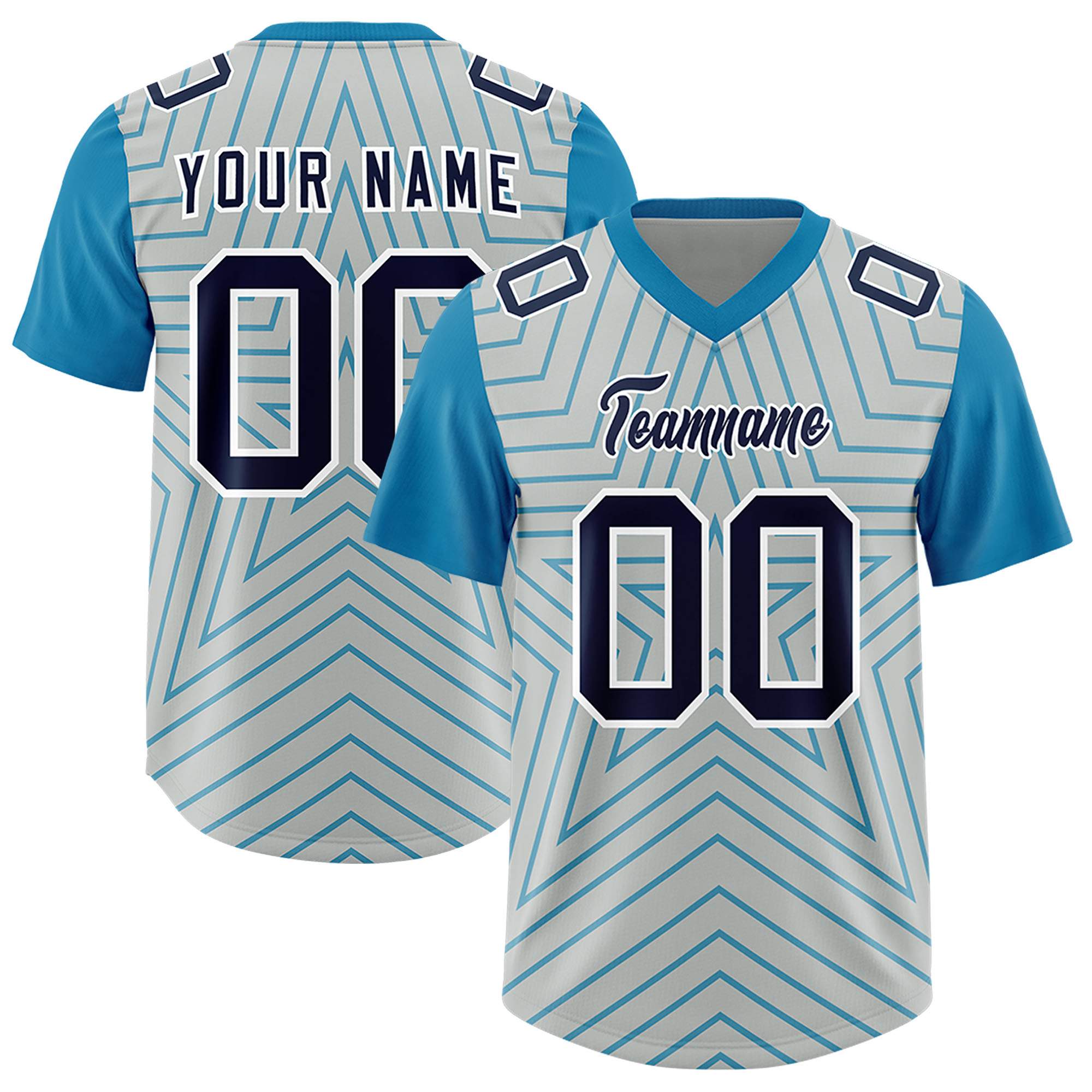 Benutzerdefiniertes graues Panther-Blau, personalisiertes Sternmuster, Raglanärmel, authentisches Fußballtrikot
