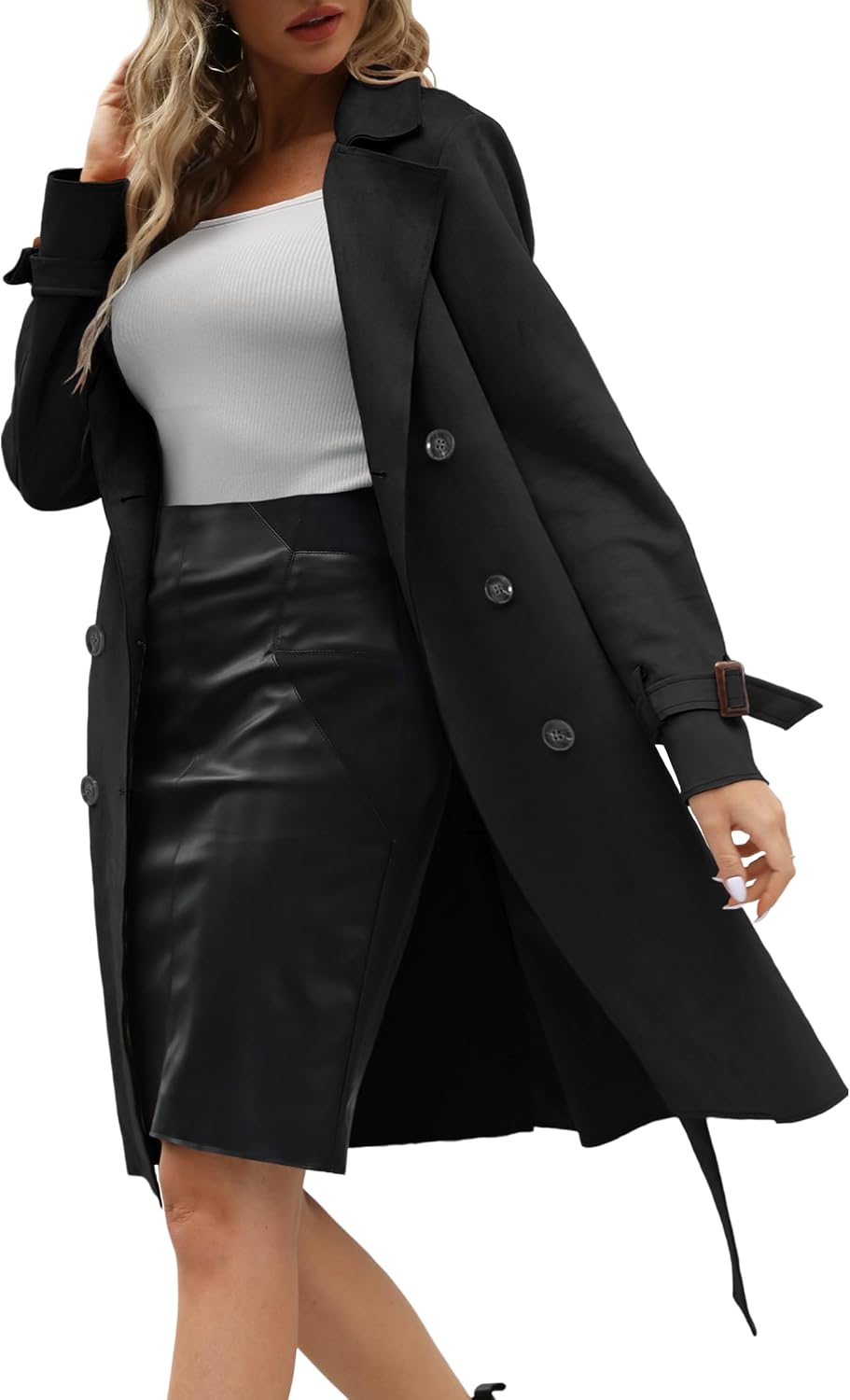 Womens Faux Suede Leather Jacket Spring and Winter Fashion Long Trench Coat Windbreaker