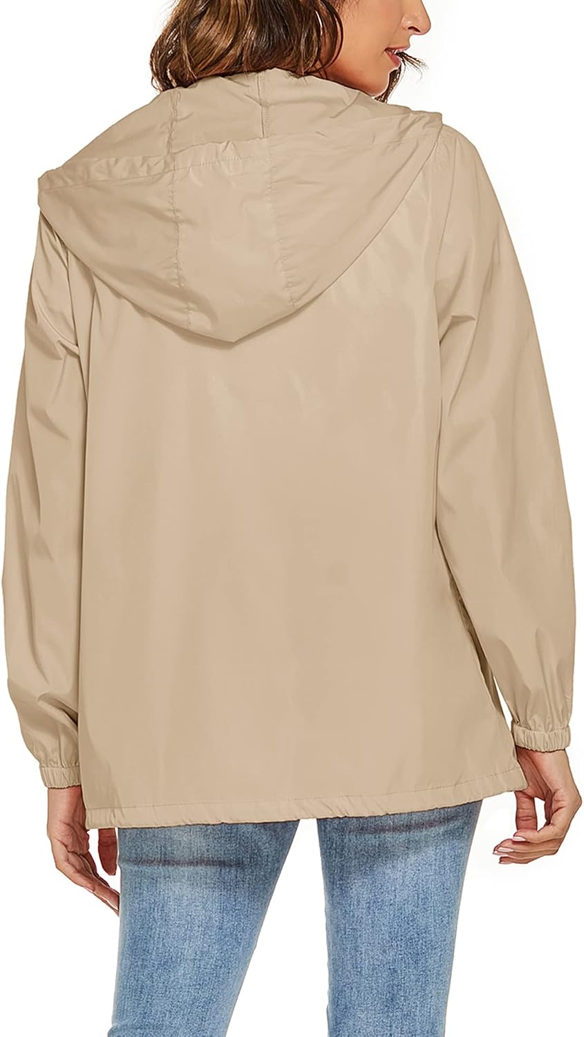 Women's Packable Hooded Rain Jacket Lightweight Khaki