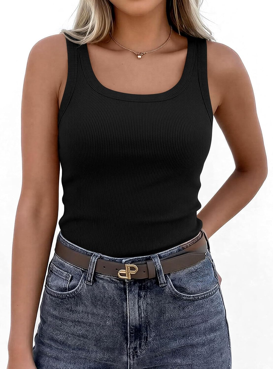Women's Ribbed Scoop Neck Slim Fit Tank Top Black Women's Ribbed Scoop Neck Slim Fit Tank Top Black