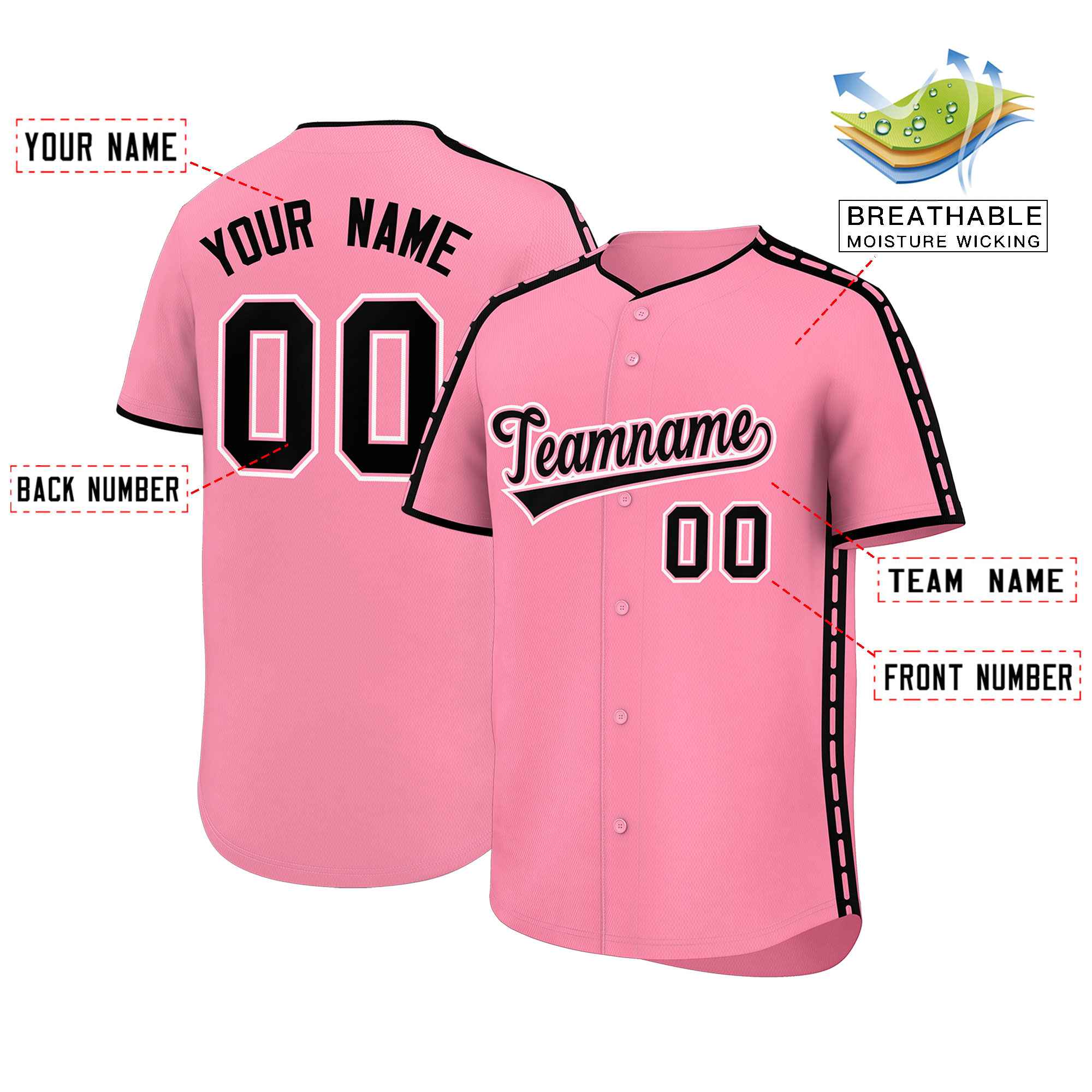 Authentisches Baseball-Trikot mit individuellem Farbblock, personalisierter seitlicher gepunkteter Linie