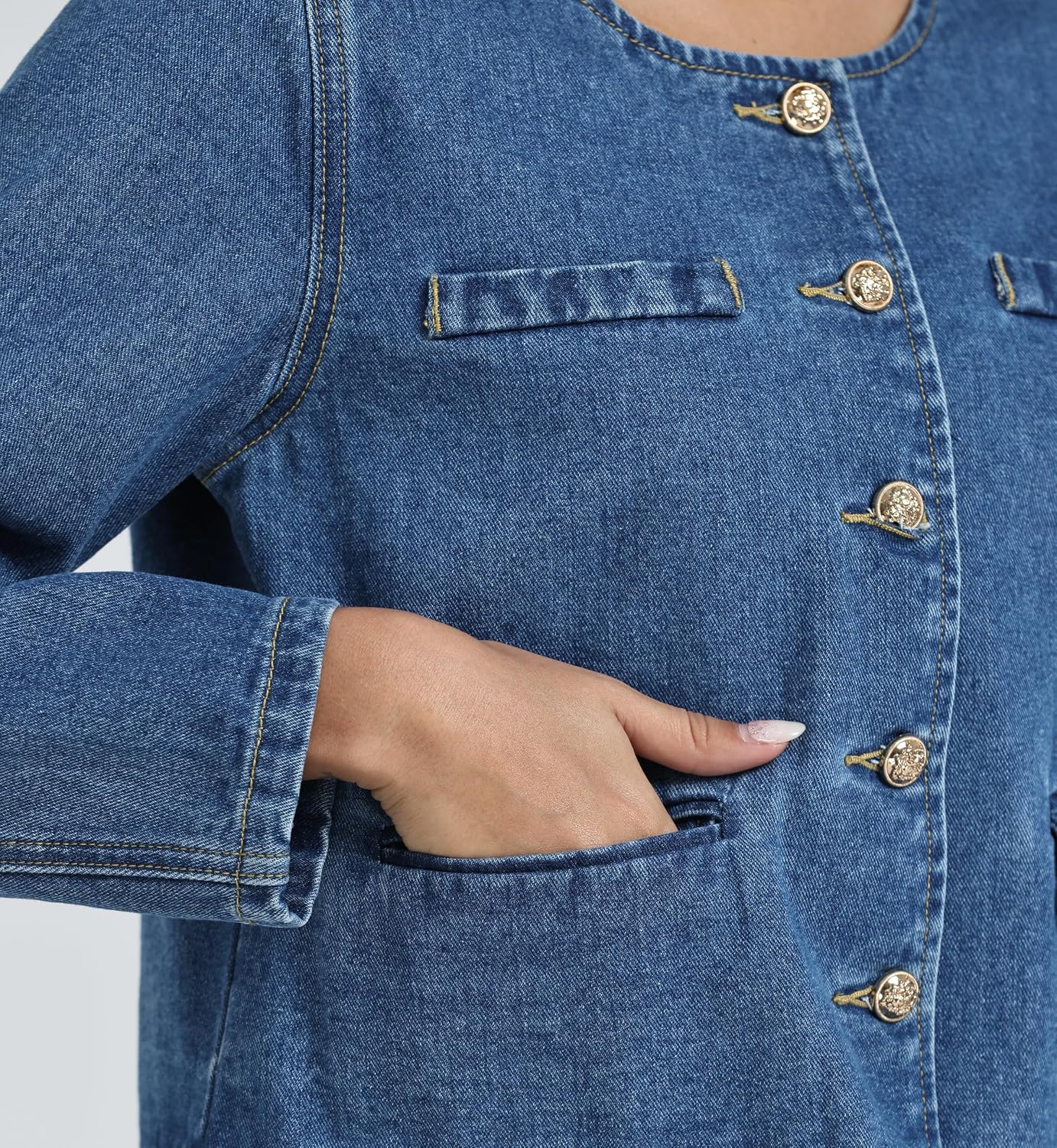 Denim Jacket for Women Collarless Long Sleeve Button Down Cropped Jean Coat