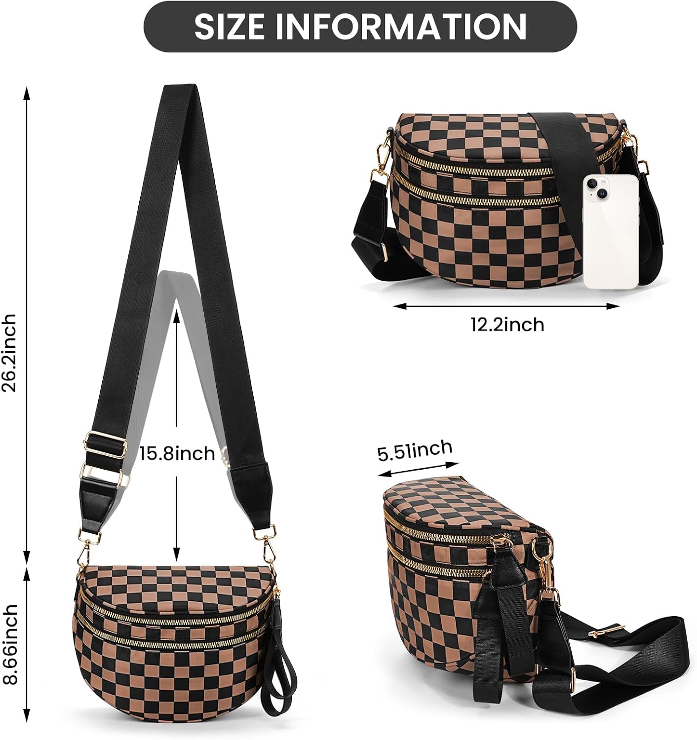 Women's Checkered Nylon Crossbody Bum Bag with Wide Strap