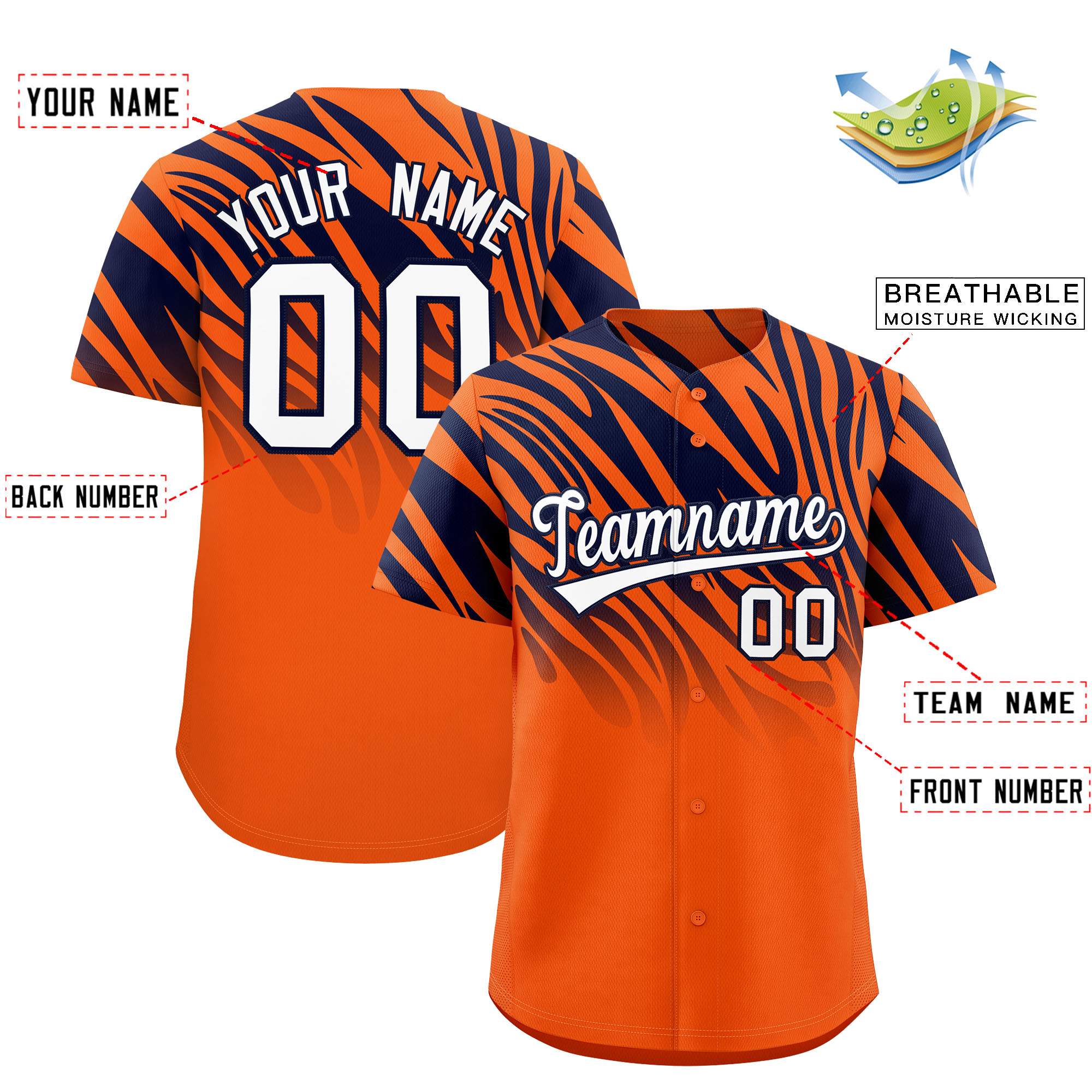 Benutzerdefiniertes Marine-Orange-Tiger-Streifen-Steigungs-Tierdruck-personalisiertes Team-Hemd-Baseball-Jersey