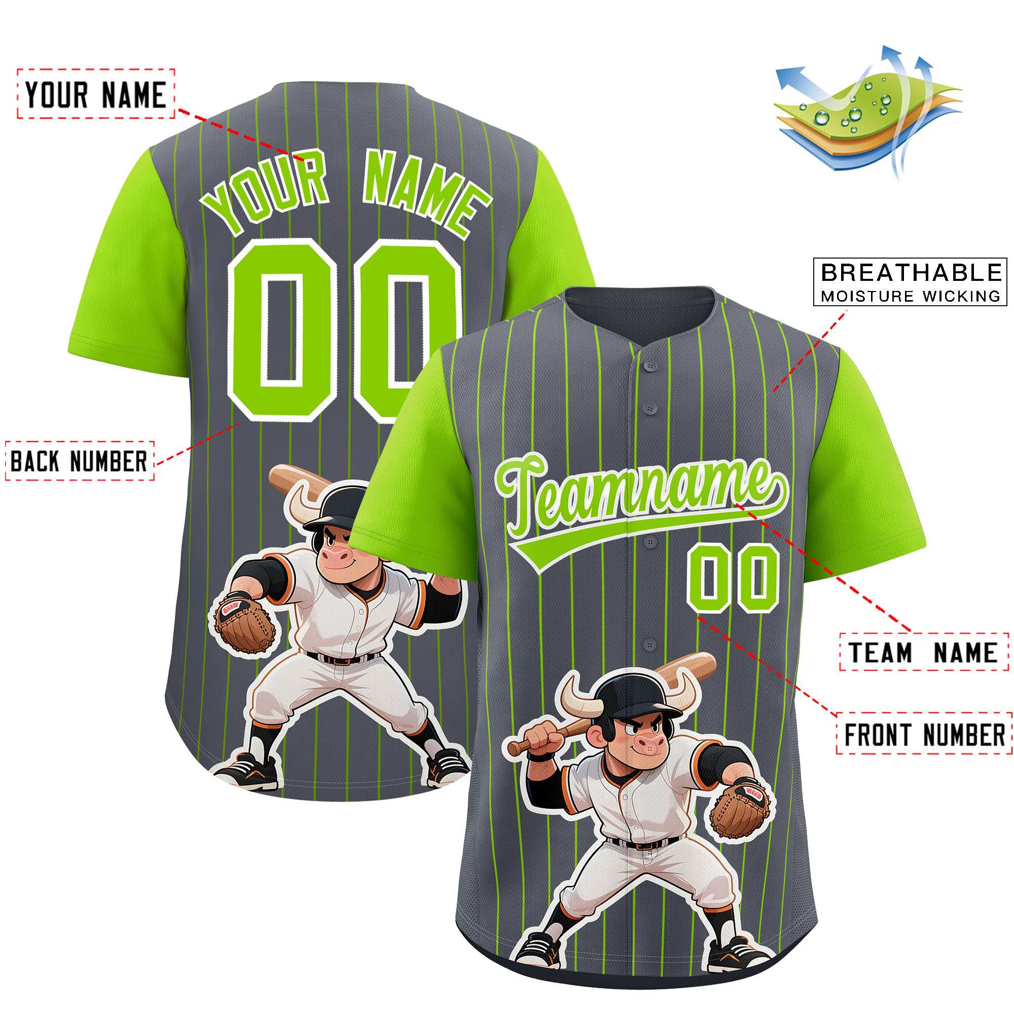 Authentisches Baseball-Trikot mit individuellem Streifen-Tiere-Graffiti-Muster, Raglanärmeln Authentisches Baseball-Trikot mit individuellem Streifen-Tiere-Graffiti-Muster, Raglanärmeln