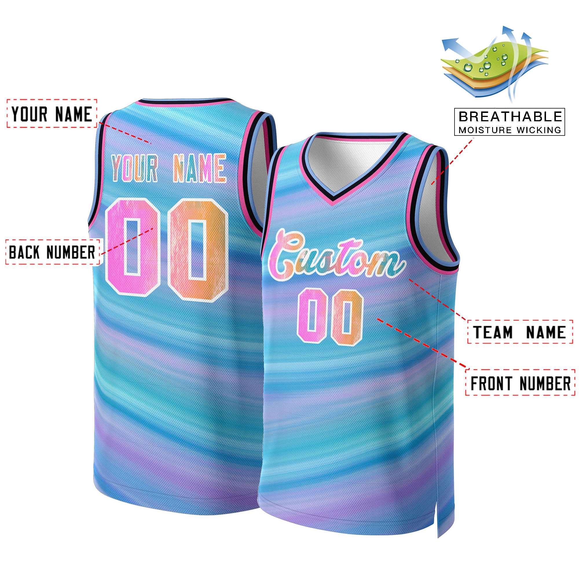 Benutzerdefinierte hellblaue Graffiti-weiße Graffiti-Musteroberteile Mesh-Basketballtrikot