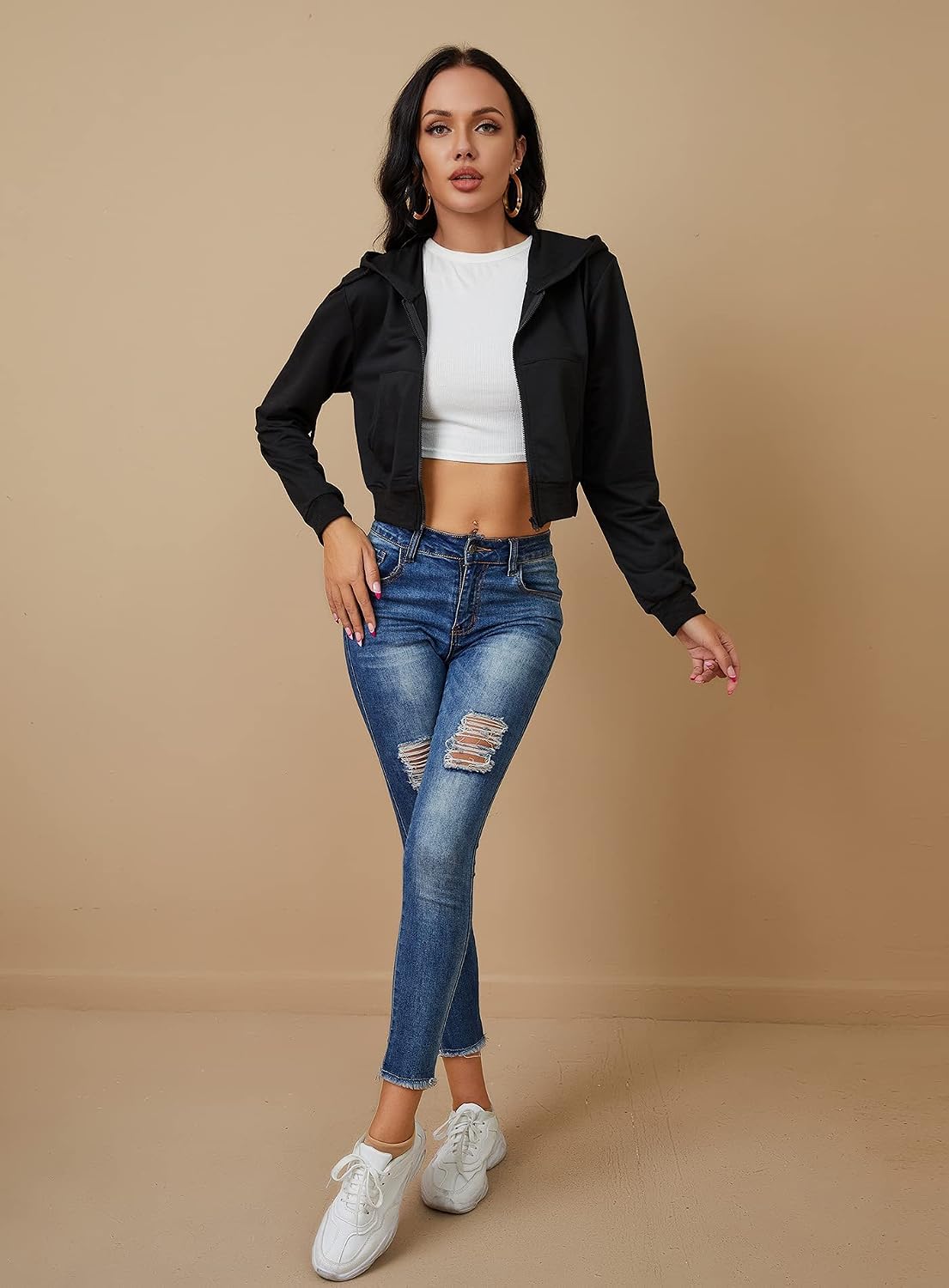 Women's Zip Up Hoodies Cropped Cardigan Jacket Drawstring Hooded Sweatshirts Casual Long Sleeve Top\u2026