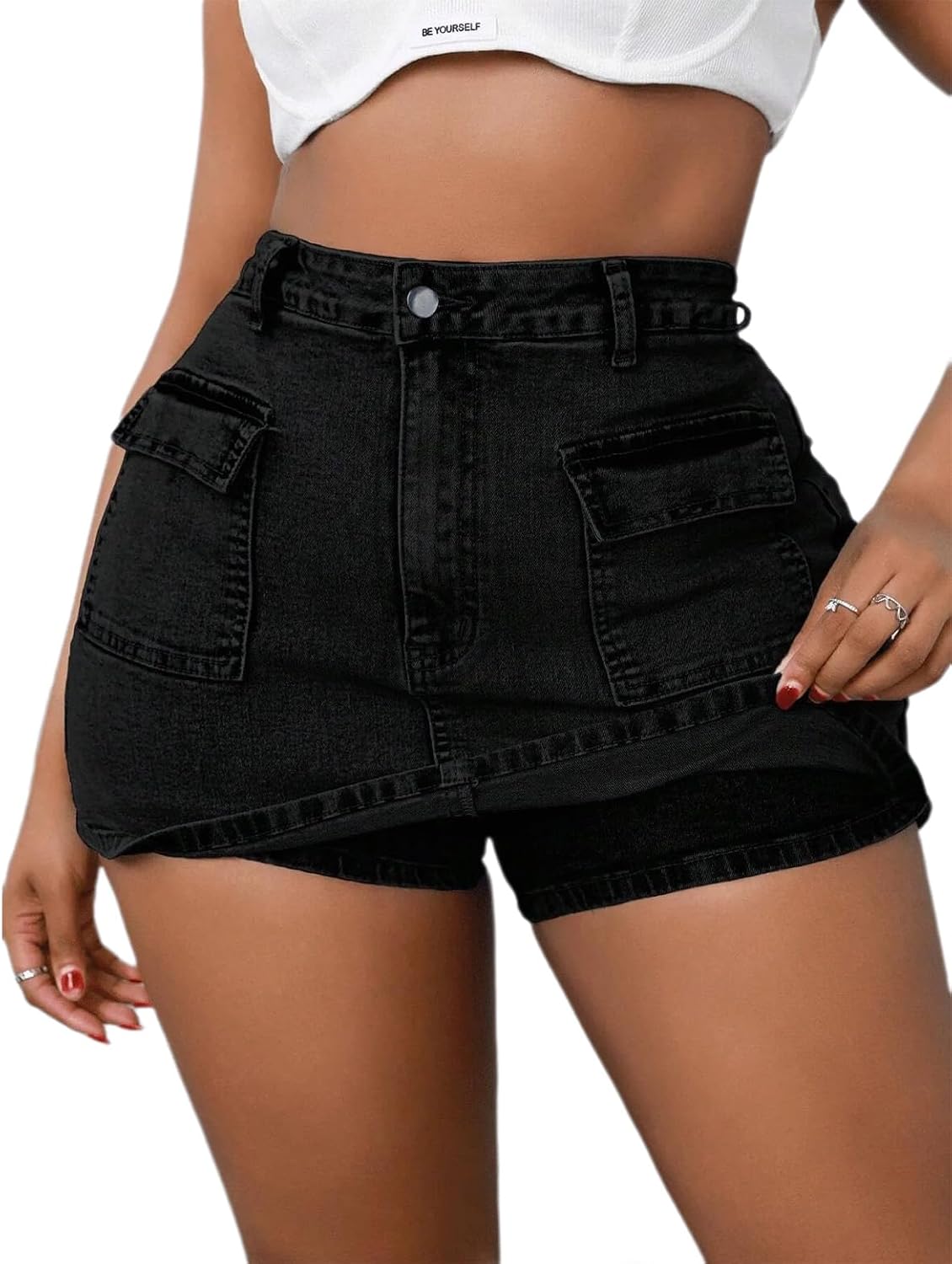 Women's High Waisted Cargo Denim Skort Black