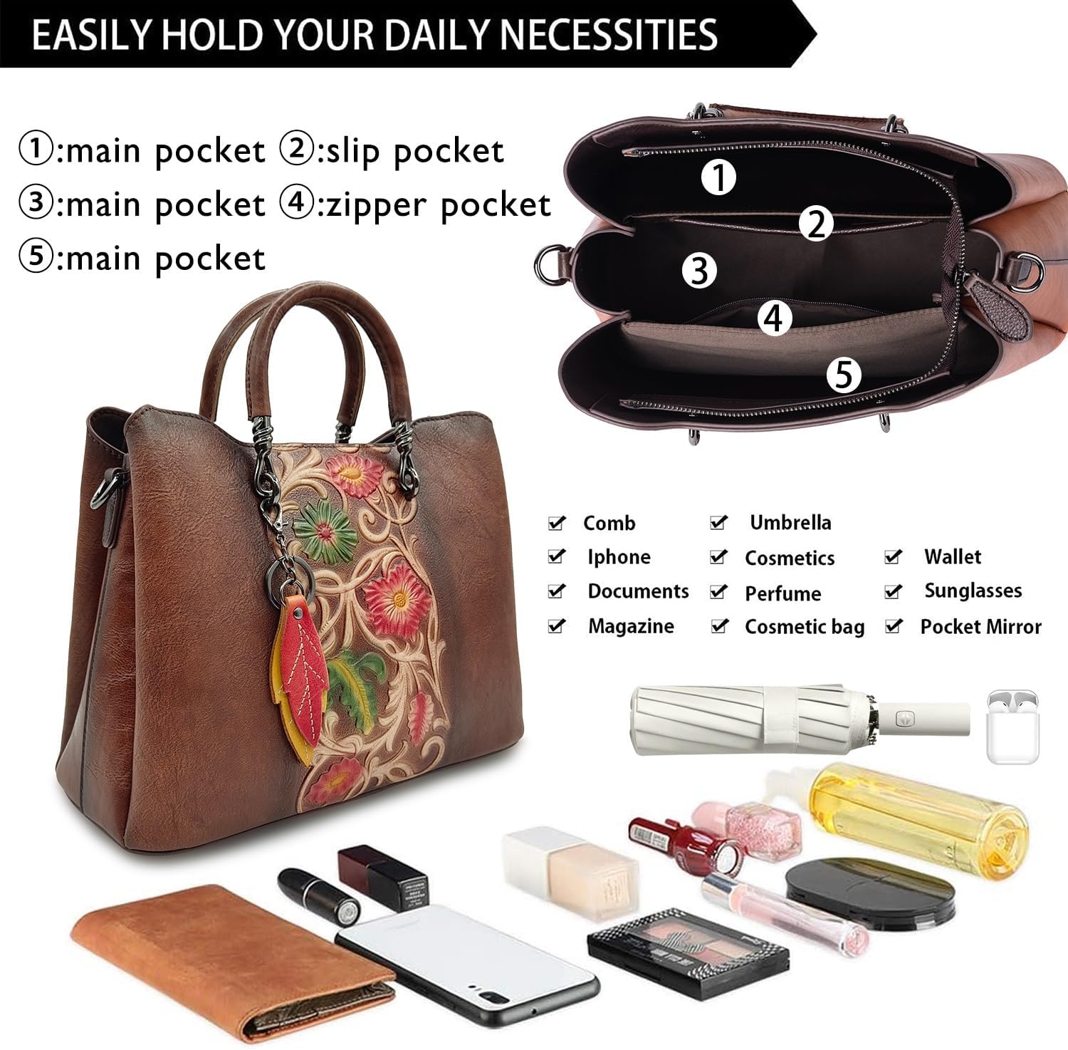 Women's Floral Tooled Leather Top Handle Tote Bag Brown