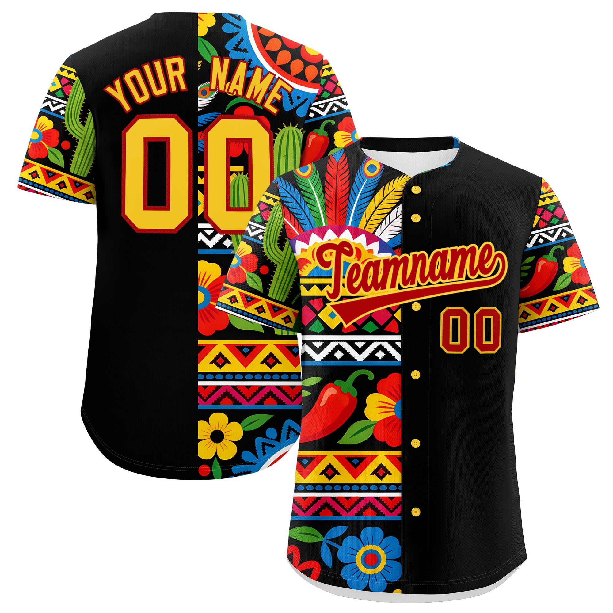 Benutzerdefiniertes Baseball-Trikot aus Stretchstoff mit Graffiti-Muster im mexikanischen Stil Benutzerdefiniertes Baseball-Trikot aus Stretchstoff mit Graffiti-Muster im mexikanischen Stil