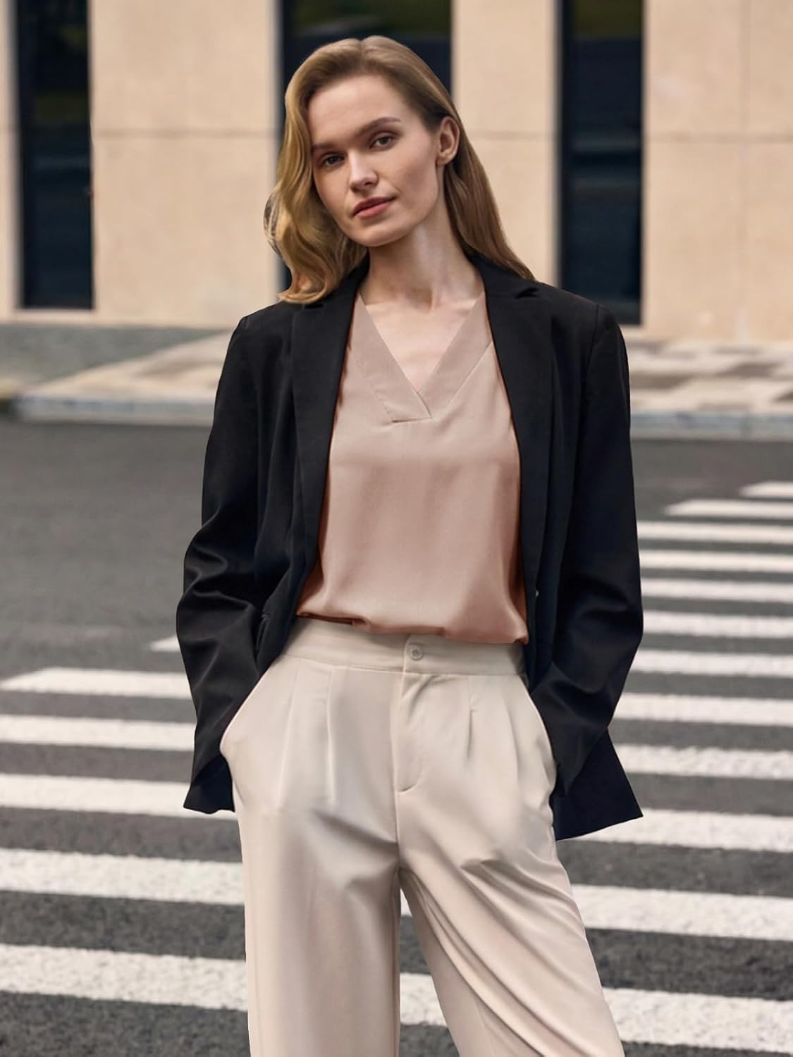 Women's V Neck Cap Sleeve Chiffon Blouse Solid Beige