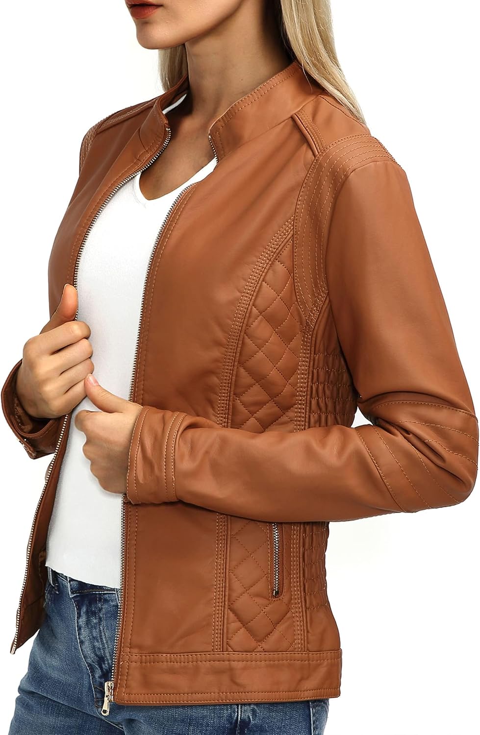 Faux Leather Jacket Women Motorcycle Zipper Stand Collar Bomber PU Bike Coat with Pockets