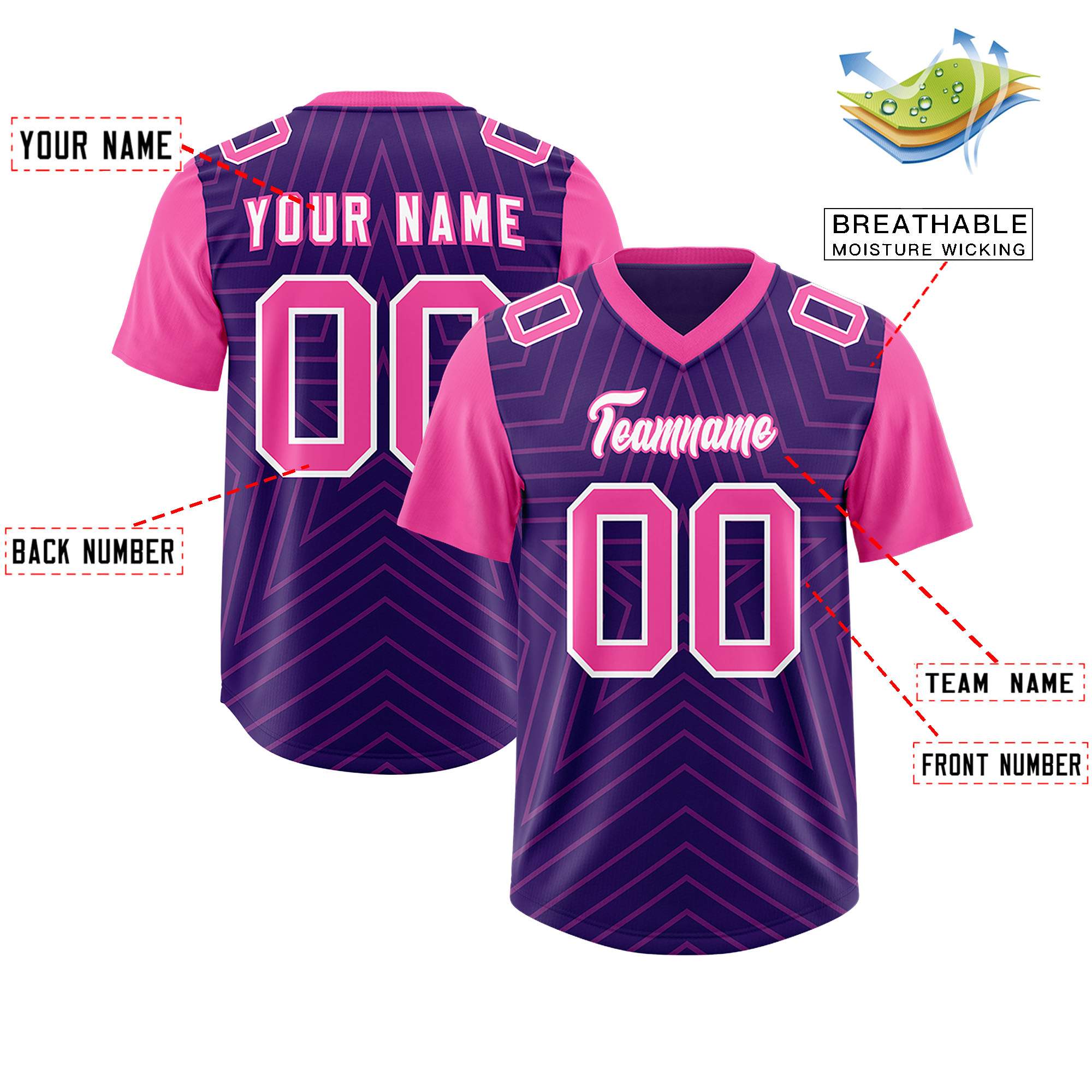 Individuell personalisiertes, authentisches Fußballtrikot mit Raglanärmeln und Sternenmuster