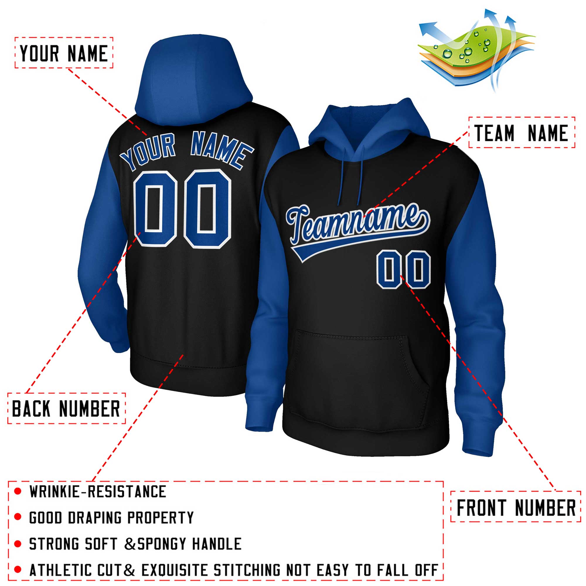 Maßgeschneiderter, genähter Sportwear-Pullover-Hoodie mit Raglanärmeln