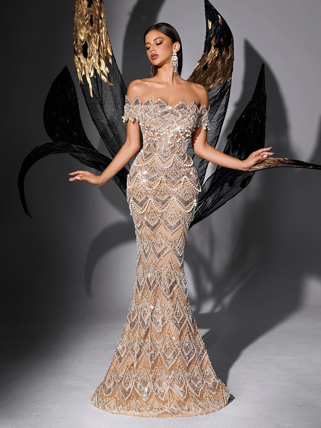 Women Off Shoulder Sequin Mermaid Evening Dress Lace Up Back Formal Gown Beaded Bodycon Prom Party Wedding Guest