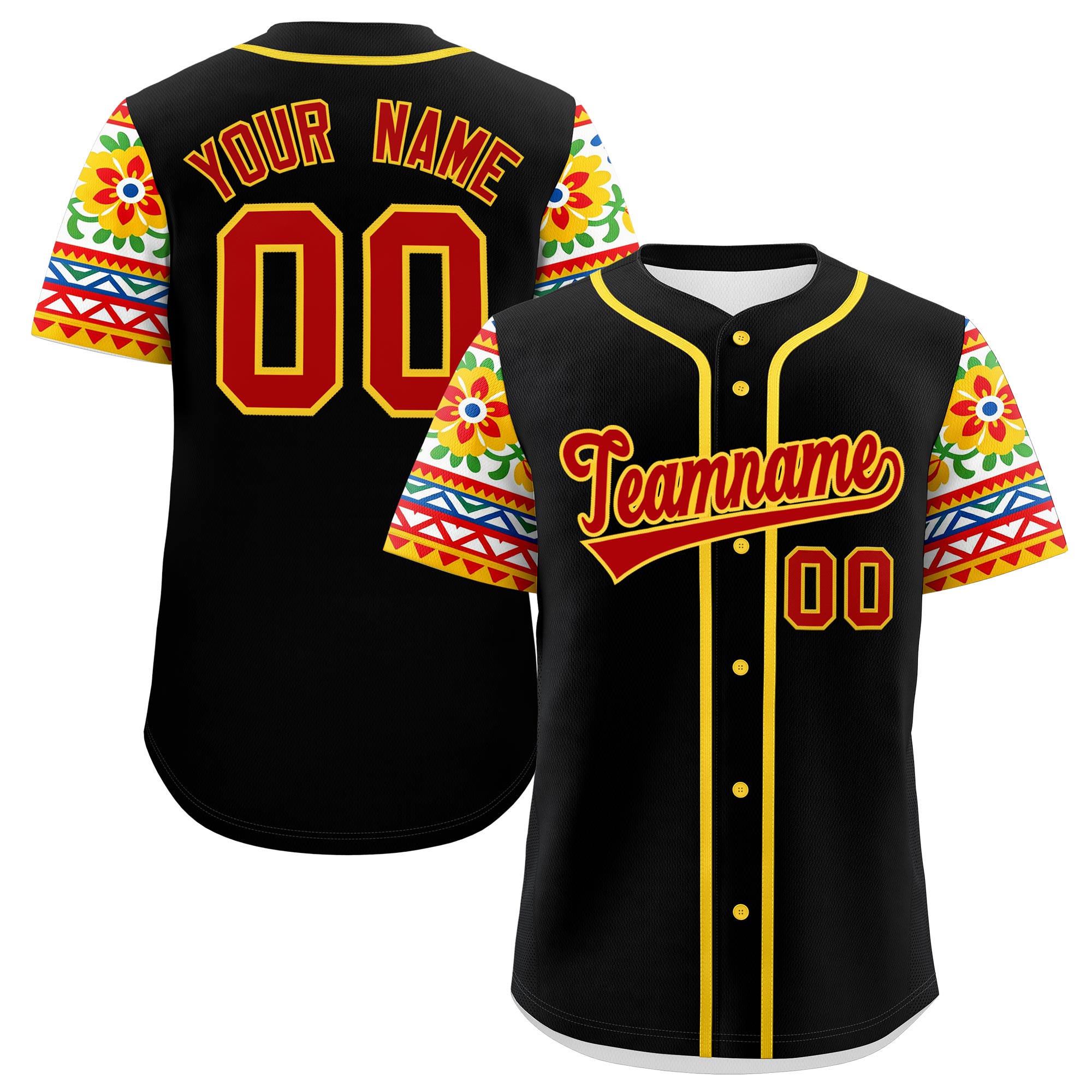 Benutzerdefiniertes Baseball-Trikot aus Stretchstoff mit Graffiti-Muster im mexikanischen Stil Benutzerdefiniertes Baseball-Trikot aus Stretchstoff mit Graffiti-Muster im mexikanischen Stil